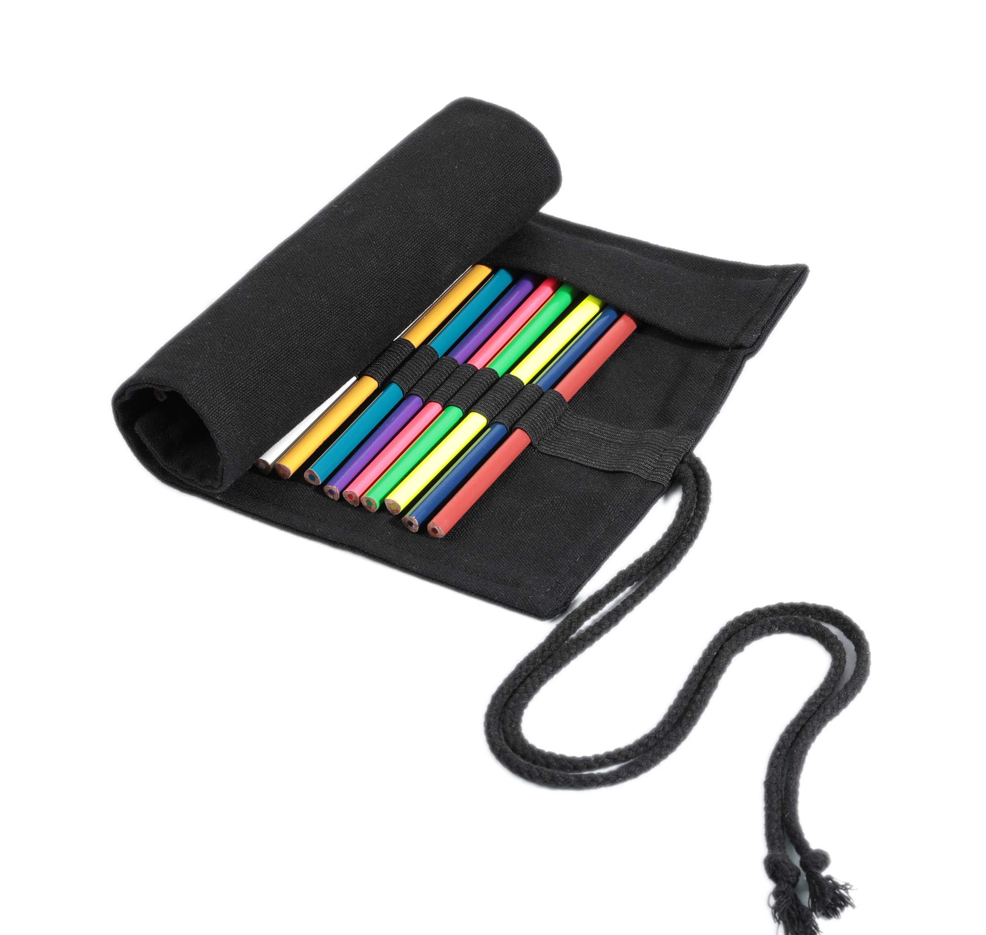 24-Slot Canvas Paint Brush Holder & Makeup Brush Roll Pouch Bag - Black | Perfect for Artists & Makeup Enthusiasts | Travel-Friendly Organizer for Brushes, Pens & Tools