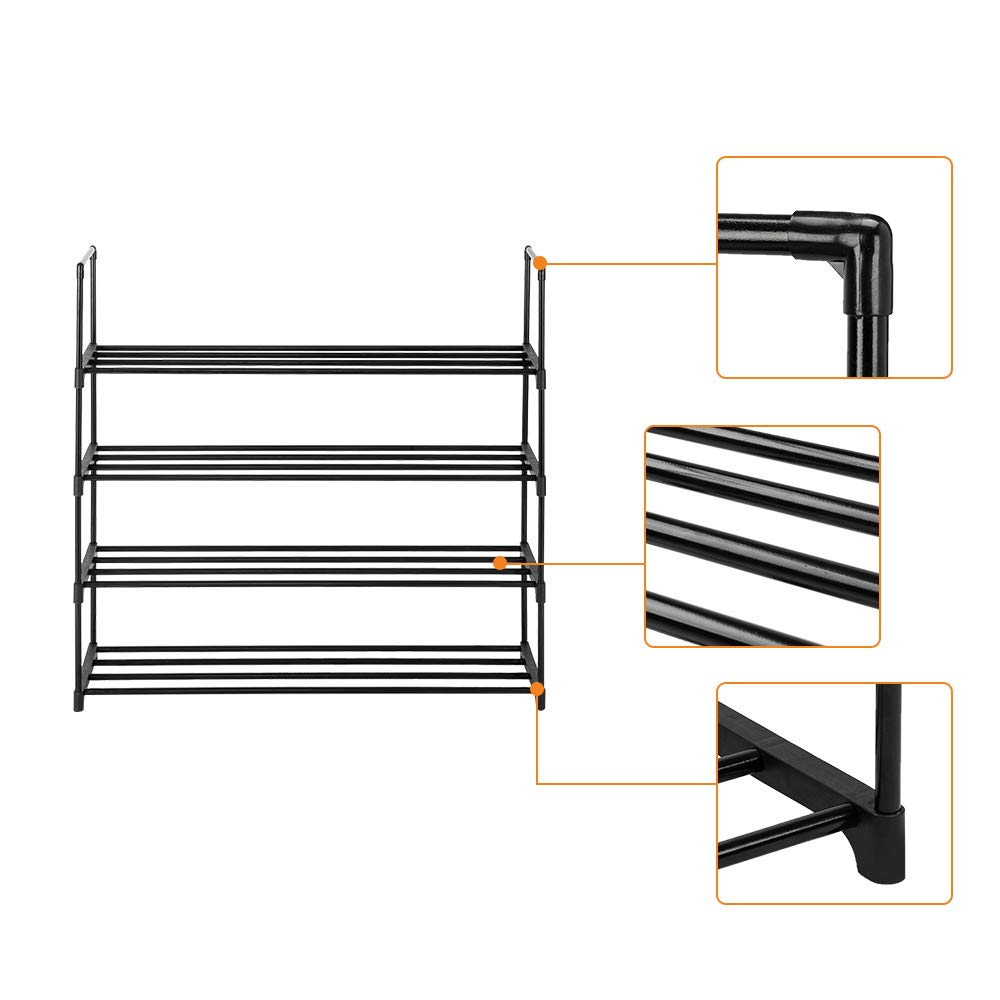 4-Tier Black Shoe Rack Organizer - Space Saving Shoe Storage Shelf for Entryway, Hallway, Bedroom & Closet - Perfect for Small Spaces & Shoe Collection Organization