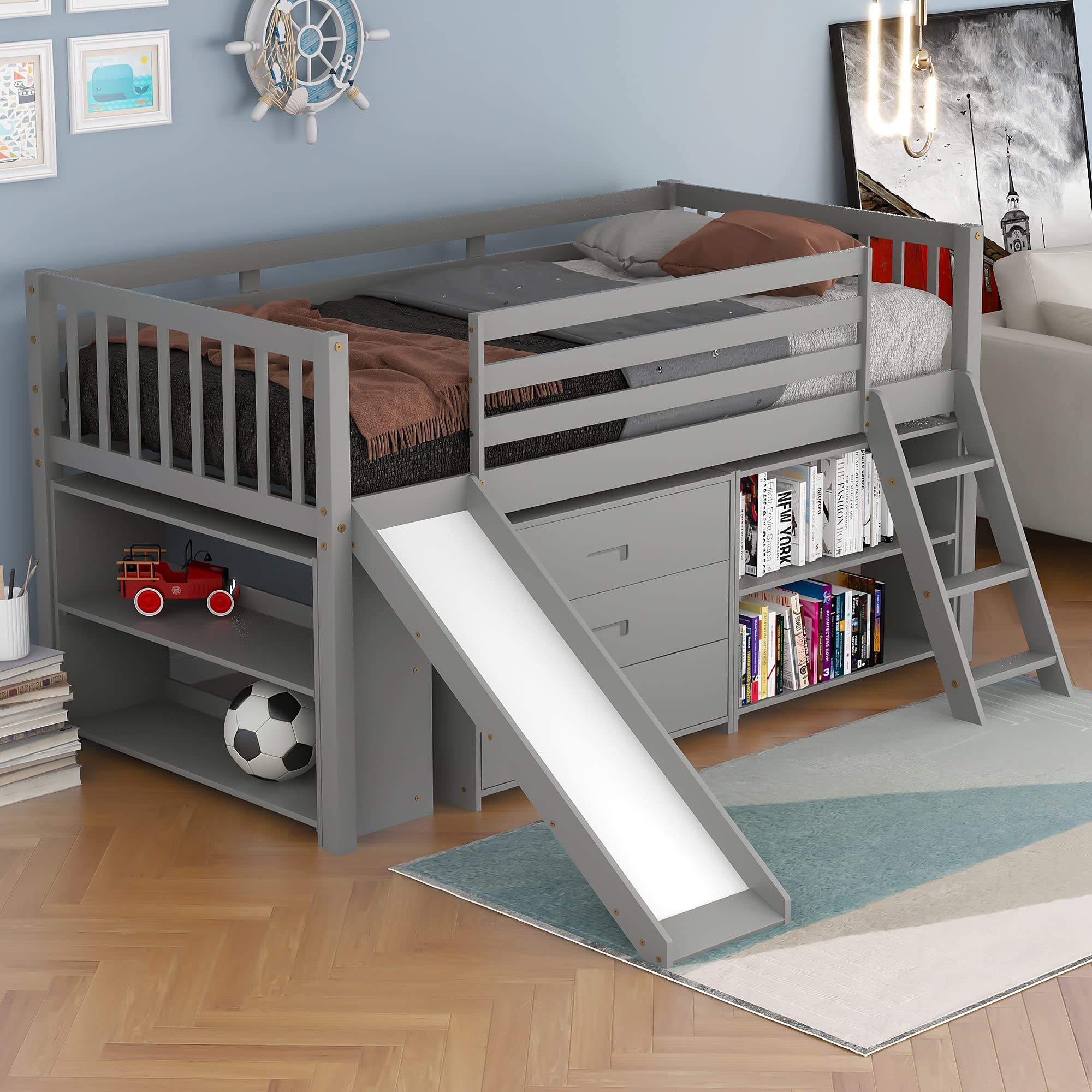 Merax Twin Loft Bed with Slide for Teens - Low Loft Bed with Drawers, Cabinet & Shelf - Sturdy Wooden Bunk Bed Frame for Kids & Teens - Perfect for Small Bedrooms, Dorms & Playrooms