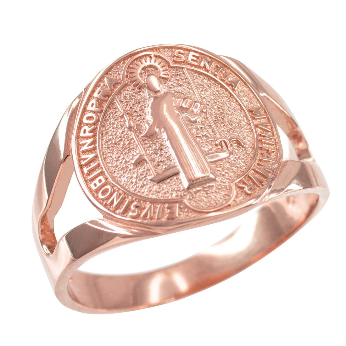 10K Rose Gold Saint Benedict Medallion Ring for Men & Women - Religious Jewelry for Protection & Faith - Perfect for Gifts, Daily Wear & Special Occasions