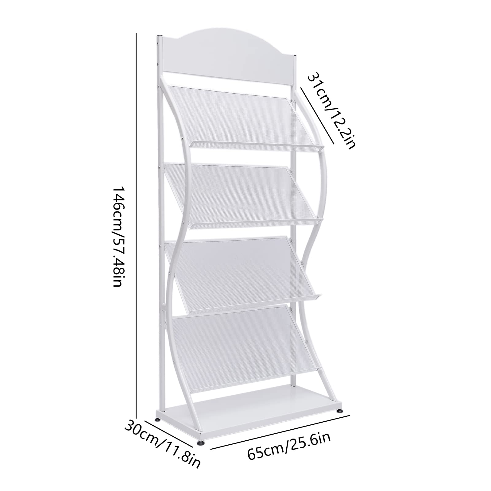 4-Tier Floor Standing Magazine Rack - Large Capacity Newspaper Holder for Books, Periodicals & Mail - White - Perfect for Living Room, Office & Library Organization