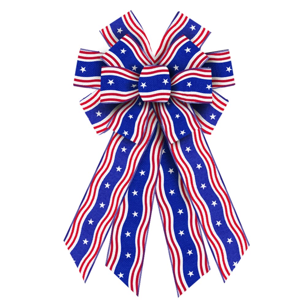 Large 4th of July Bows for Wreath - Patriotic Red White Blue Burlap Wreath Bows for Memorial Day, Independence Day Decor - American Flag Striped Front Door Bows for Indoor Outdoor Home, Porch, and Tree Decorations