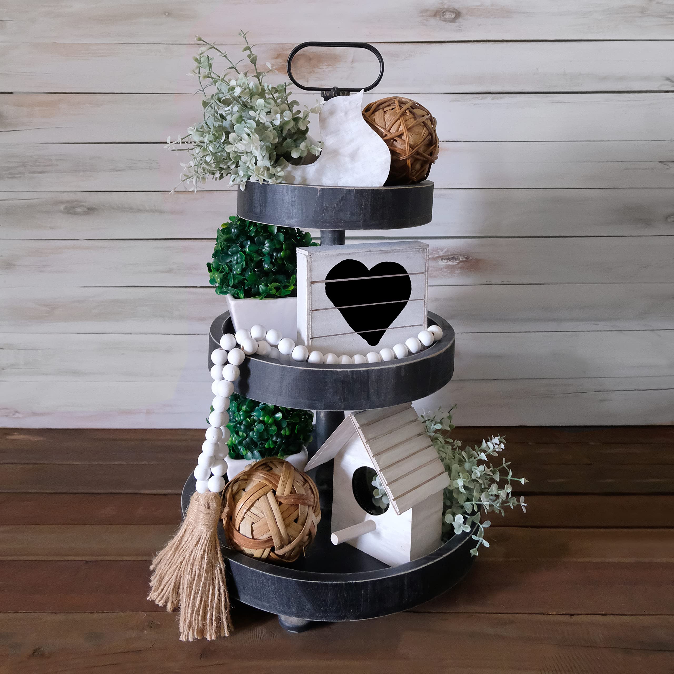 3 Tier Rustic Wooden Tiered Tray with Bead Garland - Farmhouse Decor for Kitchen Counter, Dining Table & Coffee Table - Black Stand Display Organizer for Fruits, Desserts, Home Decor