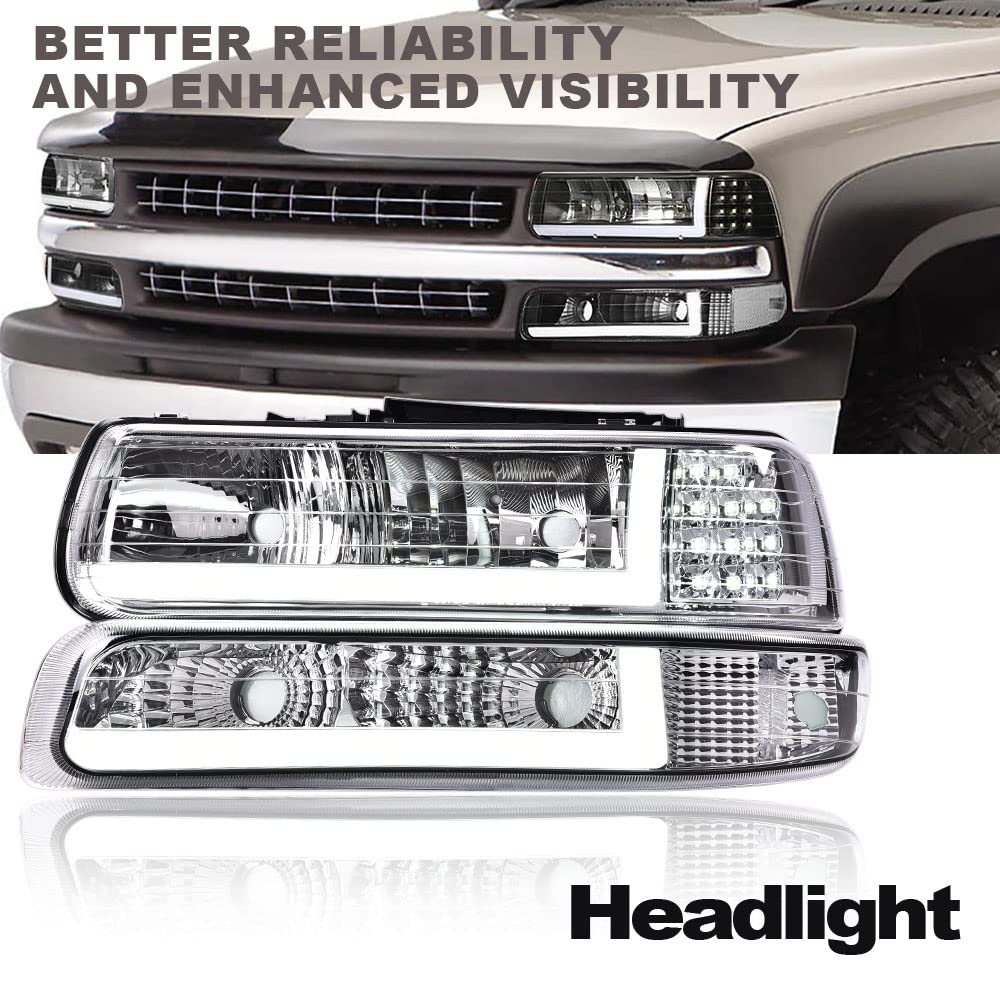 High-Performance LED Headlight Assembly for 1999-2002 Chevy Silverado & 2000-2006 Suburban/Tahoe - Clear Lens, Chrome Housing, Clear Reflector - Left & Right Pair - Perfect for Night Driving & Off-Road Adventures