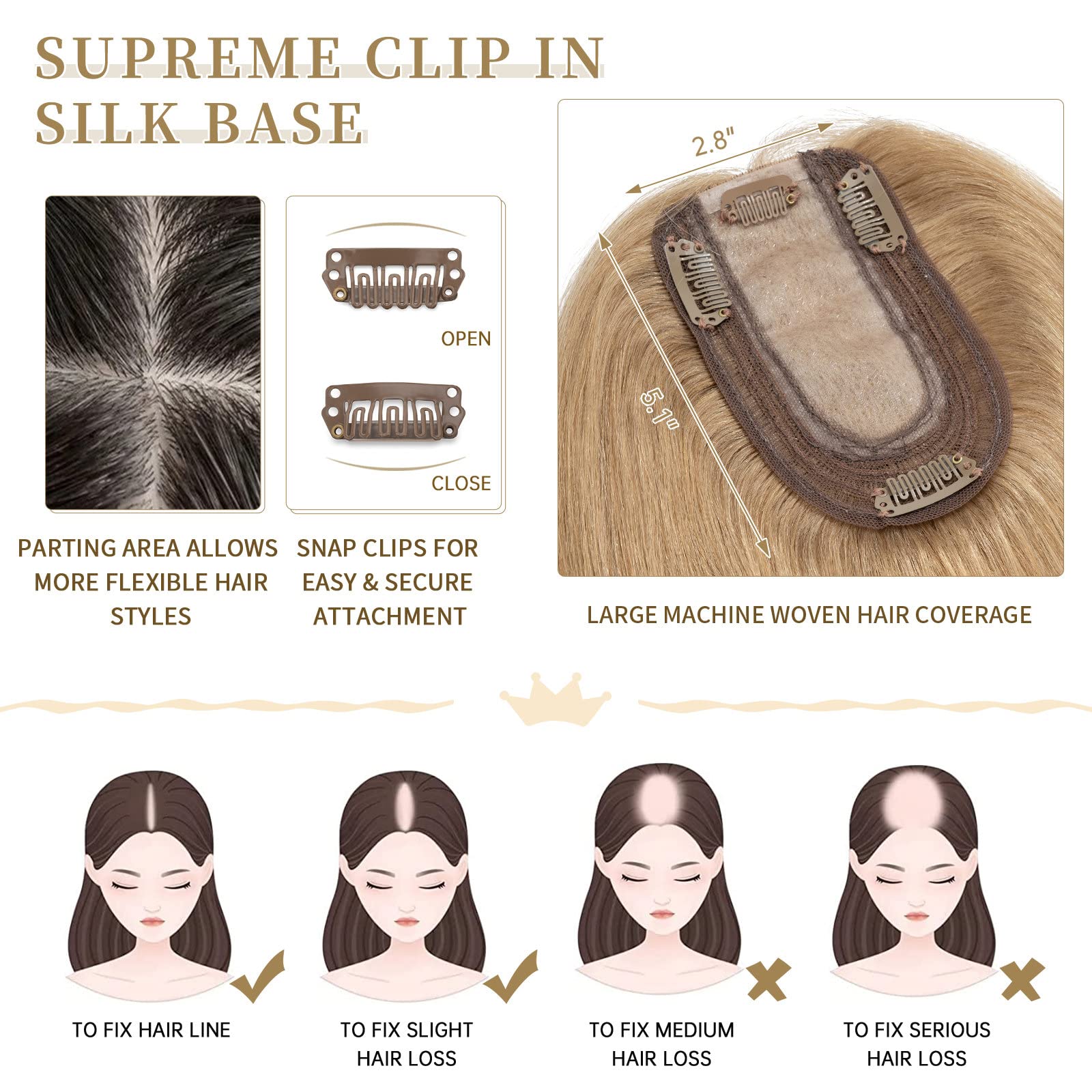 Hairro Real Human Hair Toppers for Women - Clip-In Hairpieces with Breathable Silk Base for Thinning Hair, Hair Loss & Grey Coverage | Perfect for Daily Wear, Special Occasions & Confidence Boosting