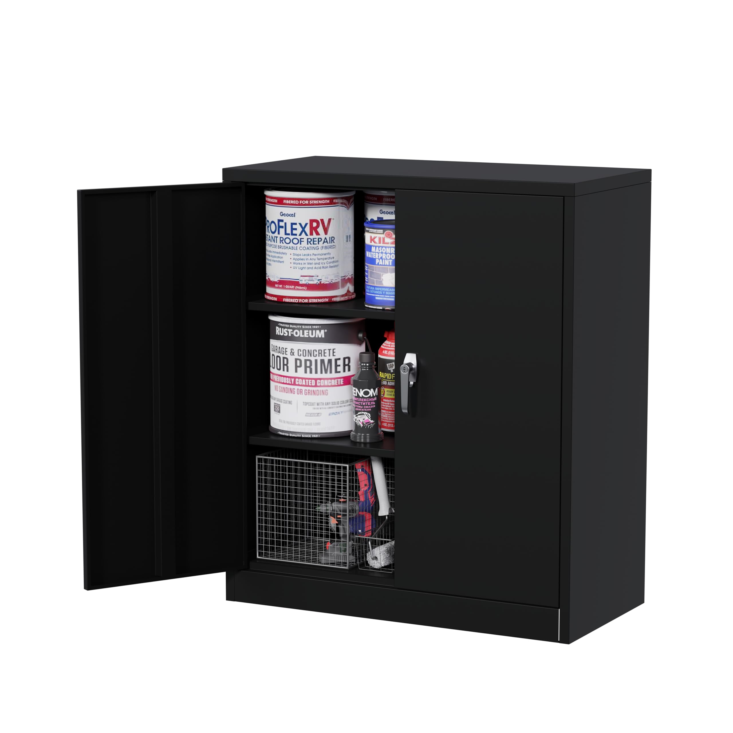 Heavy-Duty Lockable Metal File Cabinet with 2 Adjustable Shelves - Black Office Storage Cabinet with Secure Locking Door - 41.6