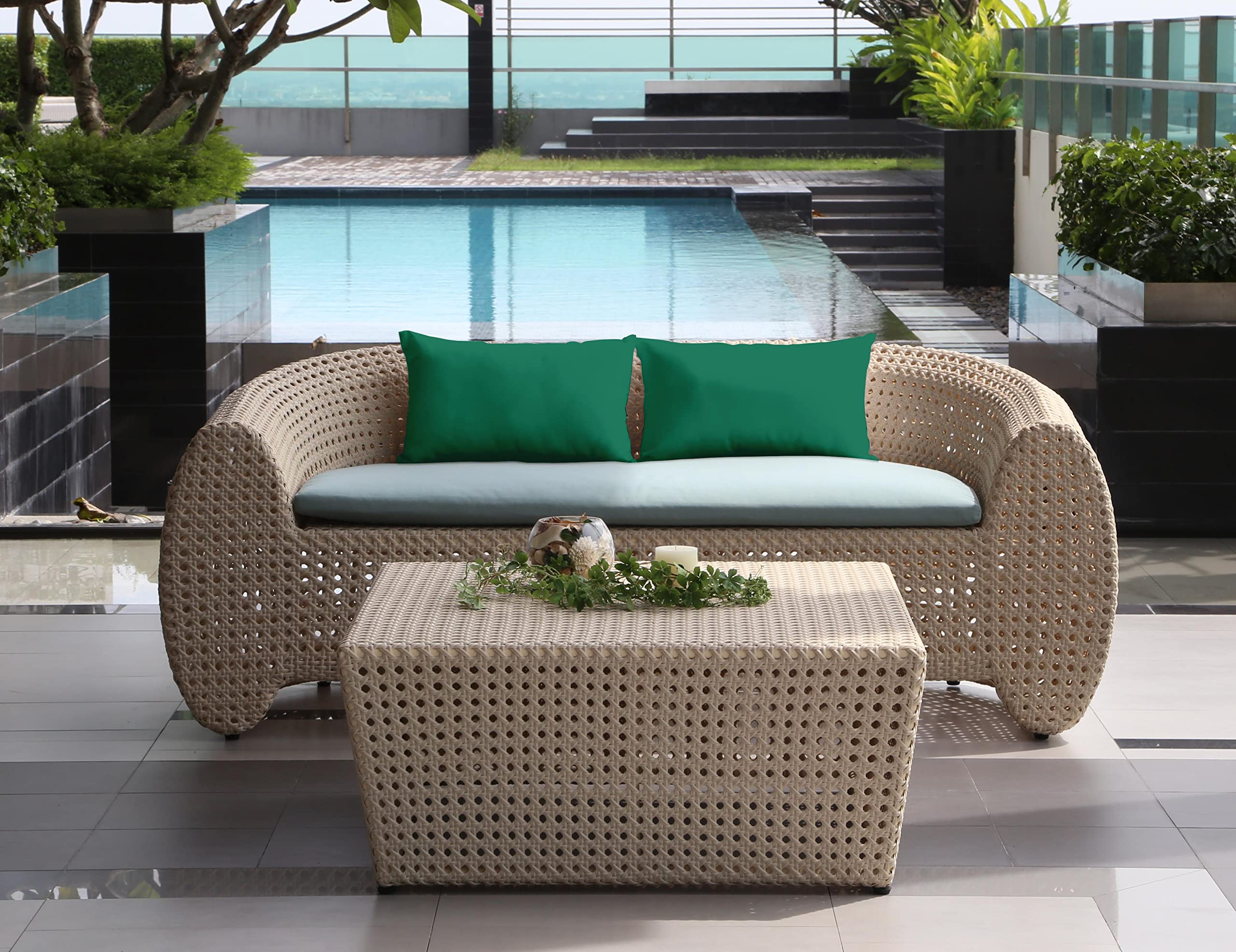 Waterproof All-Weather Teal Green Polyester Lumbar Pillow with Insert - Indoor/Outdoor Decorative Throw Pillow for Patio Furniture (Set of 2) - Perfect for Sofa, Garden, Deck, and Poolside Relaxation