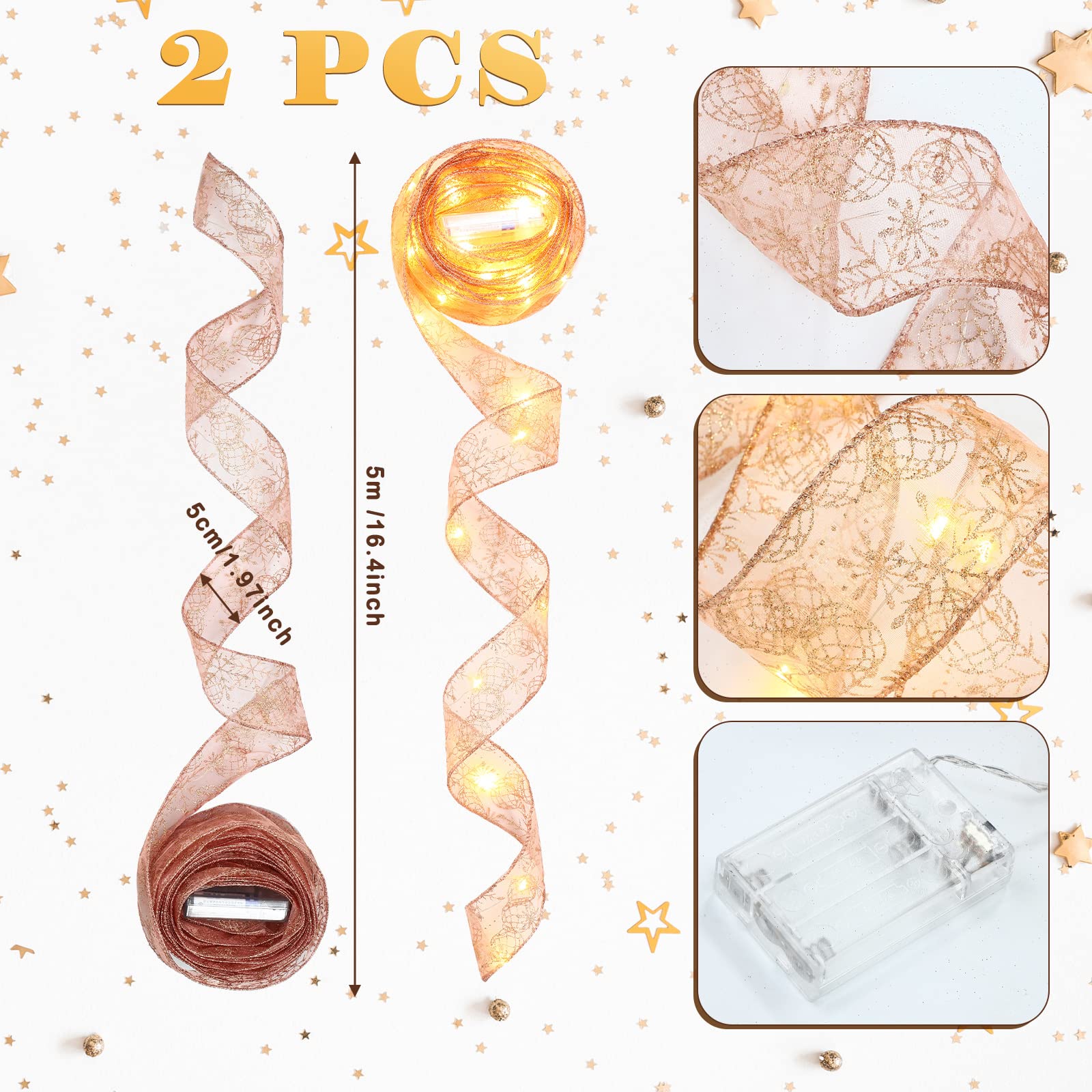 Honoson 2 Pack 32.8ft Rose Gold LED Christmas Ribbon Lights with Snowflake Ornaments - Waterproof Fairy String Lights for Indoor/Outdoor Christmas Tree, Wedding, Garden, and New Year Decorations - Perfect for Holiday Parties, Home Decor, and Festive Celebrations