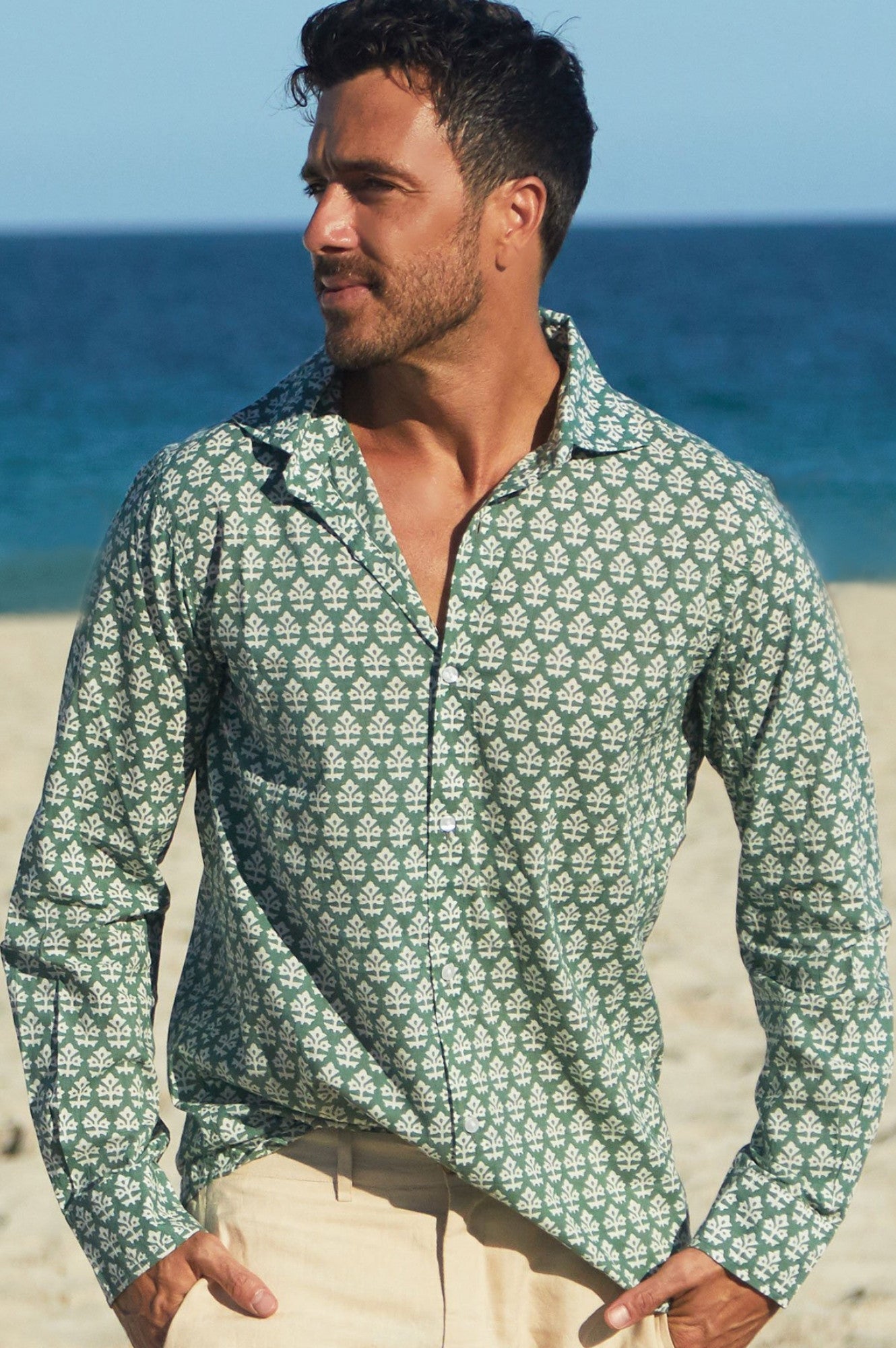 Men's Stylish Printed Cotton Shirt - Batik Khaki Design | Comfortable Casual Wear for Summer Outings & Beach Vacations