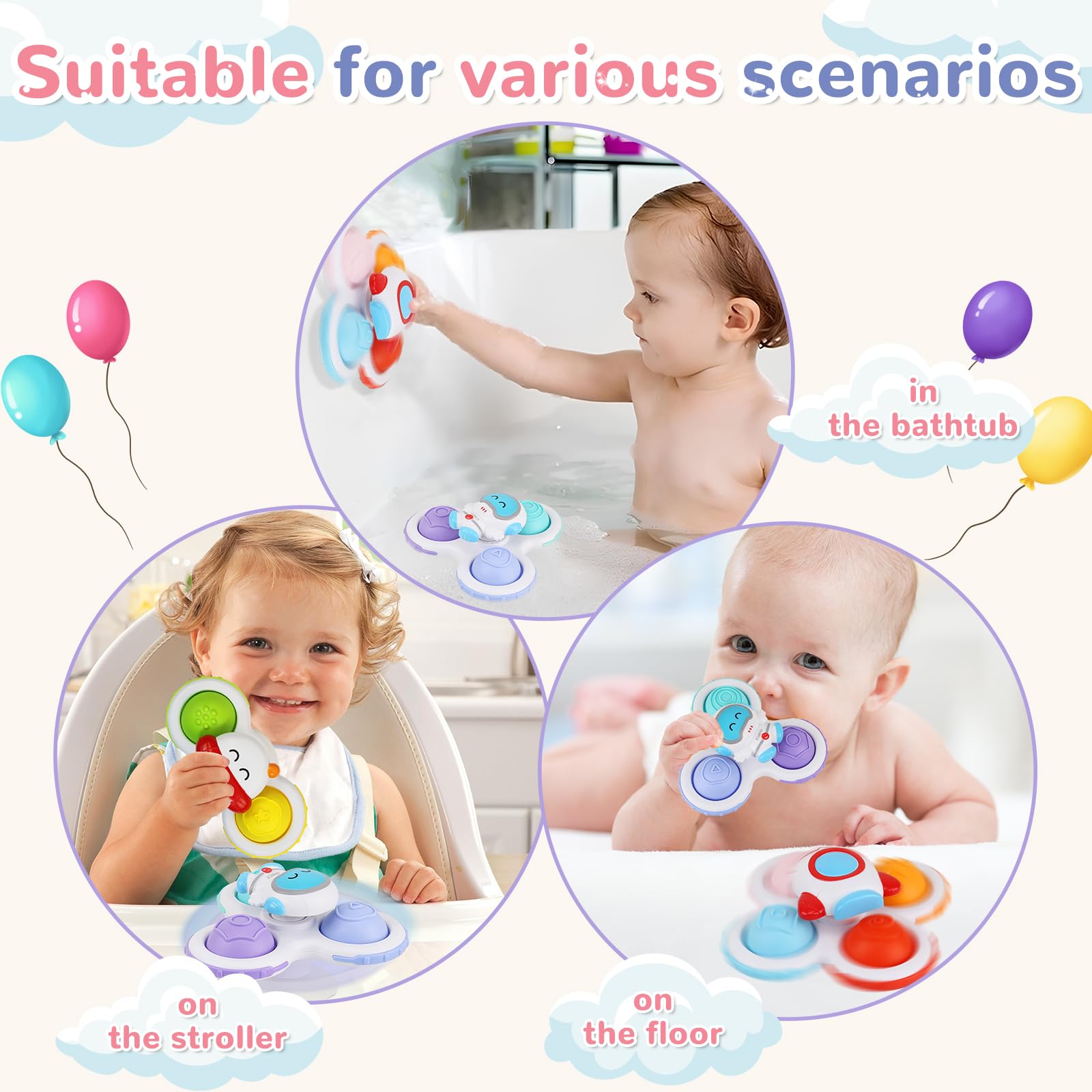 Sensory Toys for Toddlers 1-3 Years Old - 3 Pack Suction Cup Spinning Top Toys for Babies 12-18 Months | Fun Developmental Learning Toys for Boys & Girls | Perfect Gift for Birthday & Christmas (Spaceship Series) - Great for Sensory Play, Fine Motor Skills Development & Early Learning Activities