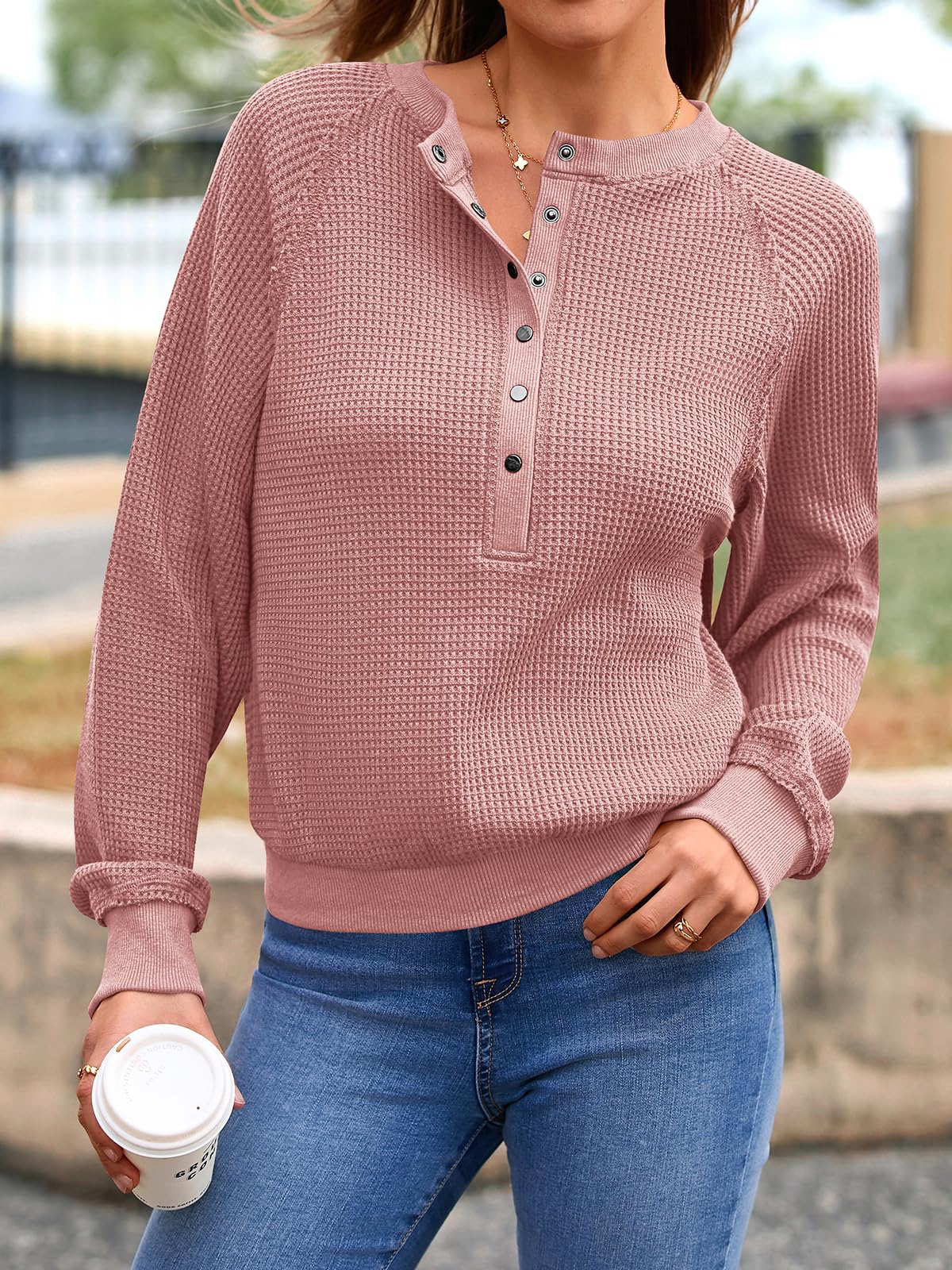 PRETTYGARDEN Women's Long Sleeve Waffle Knit Sweater - Fall Button Up Pullover V-Neck Loose Crop Top for Casual Outfits & Layering