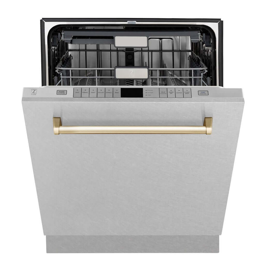 ZLINE Autograph Edition 24-inch Monument Series Dishwasher with 3rd Rack, Top Touch Controls, Tall Tub Design - Satin Stainless Steel Panel & Polished Gold Handle, Ultra Quiet 45dBa (DWMTZ SN 24 G) - Perfect for Modern Kitchens, Open Concept Homes, and Luxury Renovations