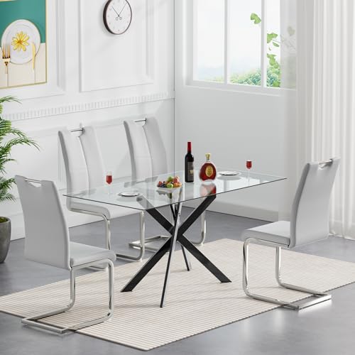 Clear Table With 4 Grey Silver Chairs