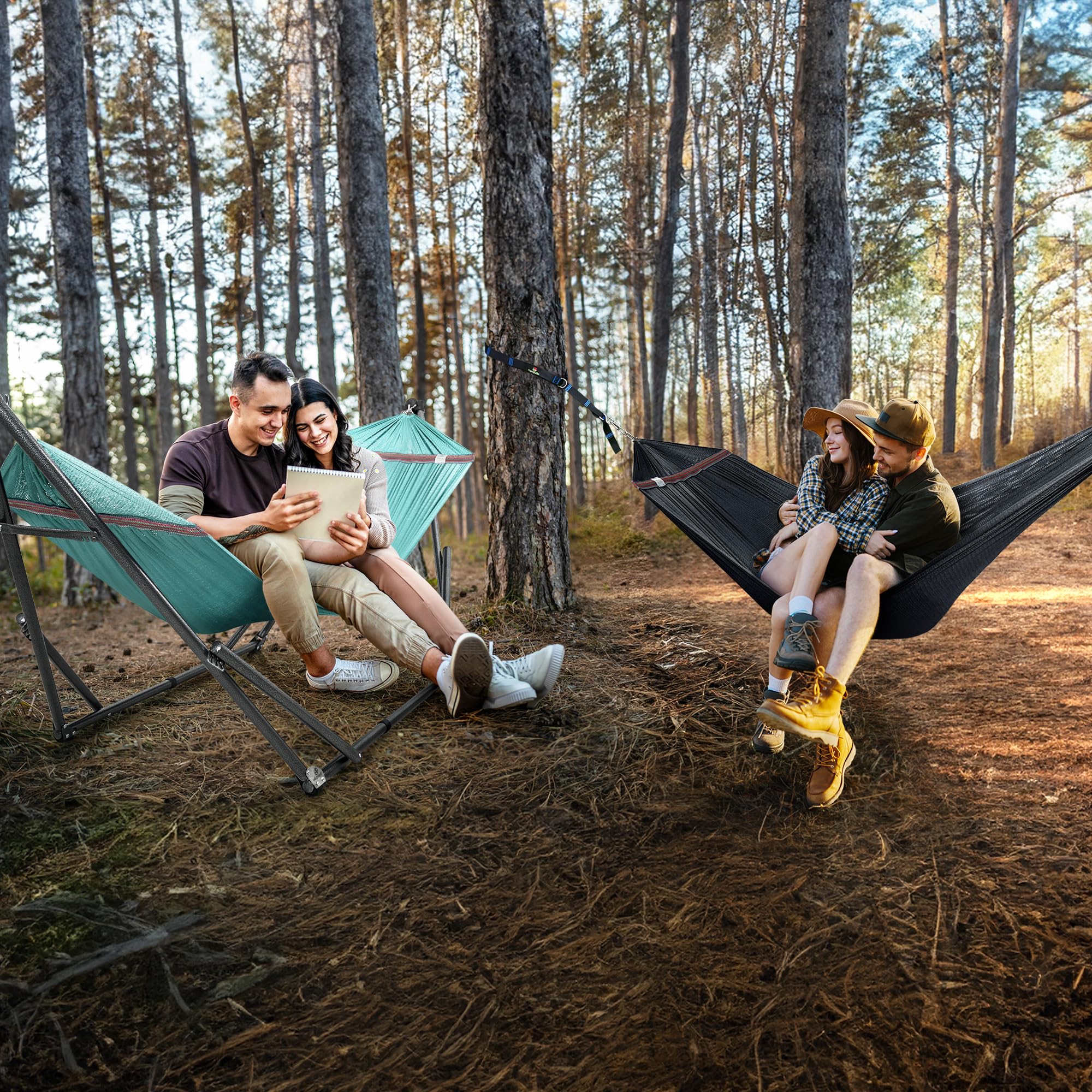 Tranquillo 2-Person Hammock Set with Stand - Heavy Duty 600lbs Capacity for Indoor & Outdoor Use - Includes 2 Hammocks, Tree Straps, and Portable Carrying Bags - Perfect for Backyard, Patio, Camping, and Beach Relaxation