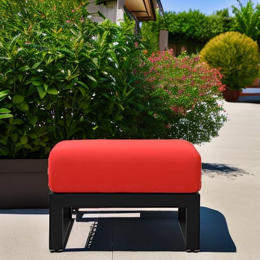 ZURI Modern Elba Outdoor Ottoman with Quick-Dry Cushions & Powder-Coated Aluminum Frame - Waterproof Patio Furniture for Poolside, Garden & Deck - Black/Red