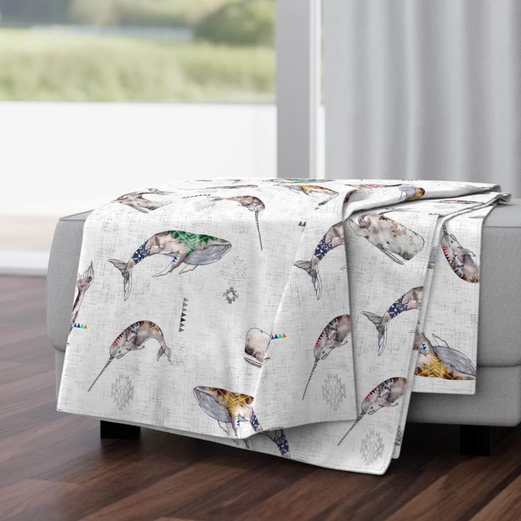 Whale & Narwhal Ocean Themed Plush Minky Throw Blanket 50x70 Inches - Soft Boho Nautical Watercolor Geometric Baby Blanket for Nursery, Bedroom & Sofa