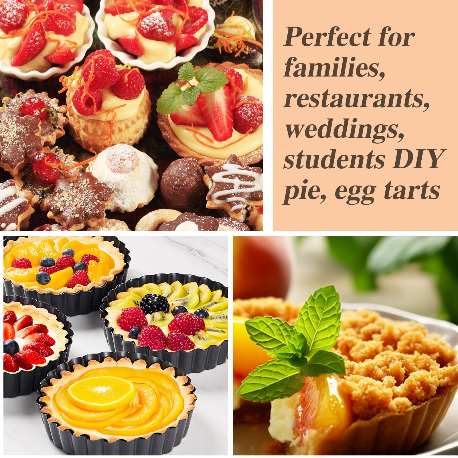 6-Pack 5 Inch Mini Tart Pans with Removable Bottom - Carbon Steel Round Quiche & Tartlet Baking Molds - Reusable Black Pie Pans for Desserts, Appetizers & Party Snacks