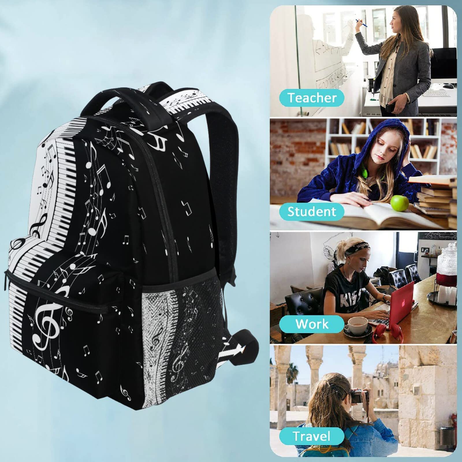 QUGRL Music Note Themed Backpack for School & Travel - 16 Inch Laptop Bookbag for Teens, College Students, Boys & Girls - Perfect for Hiking, Commuting & Daily Use