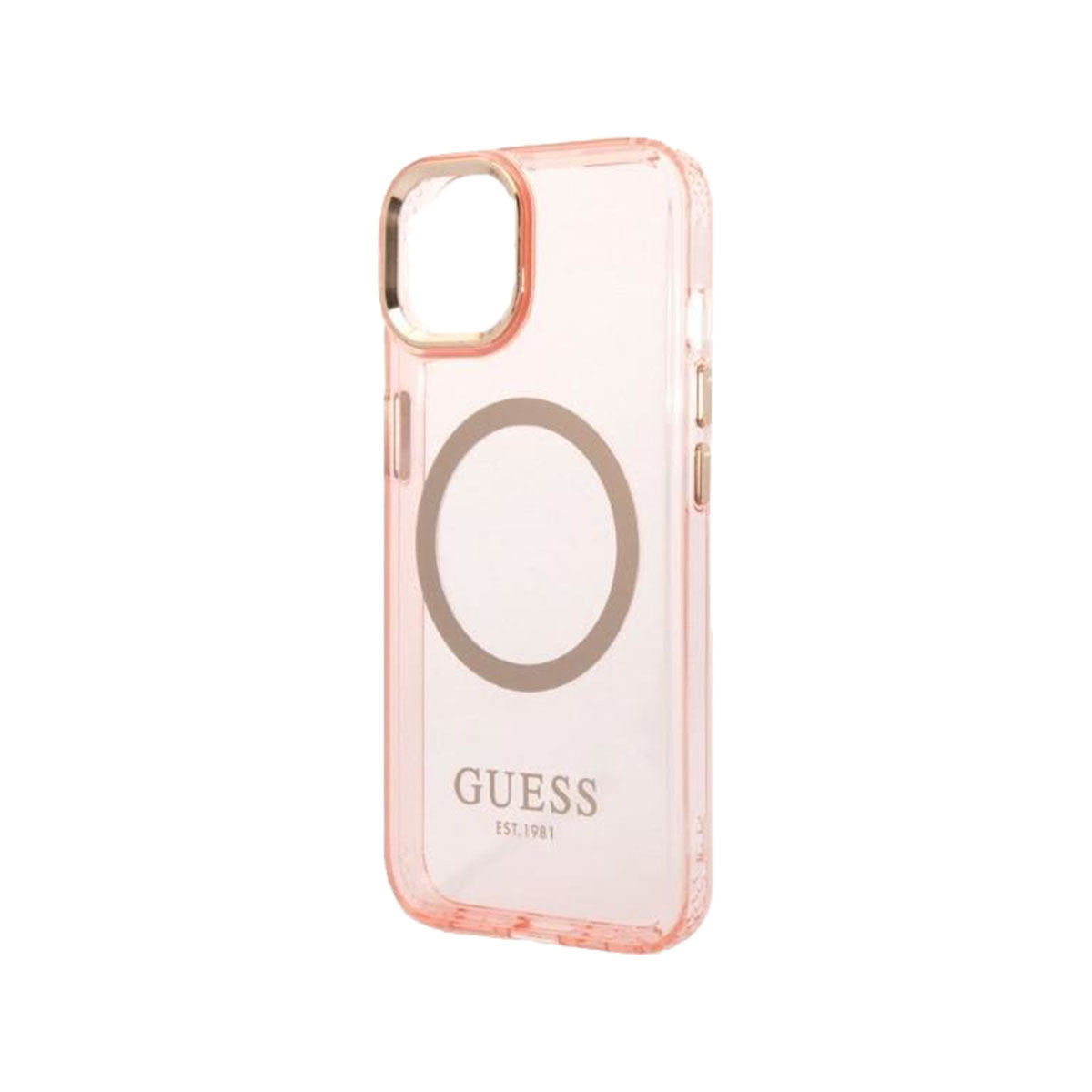 GUESS Ring Edition Shockproof Phone Case for iPhone 14 - Slim Protective Cover with Grip Ring Stand (Pink/Gold) - Perfect for Work, Travel & Everyday Use