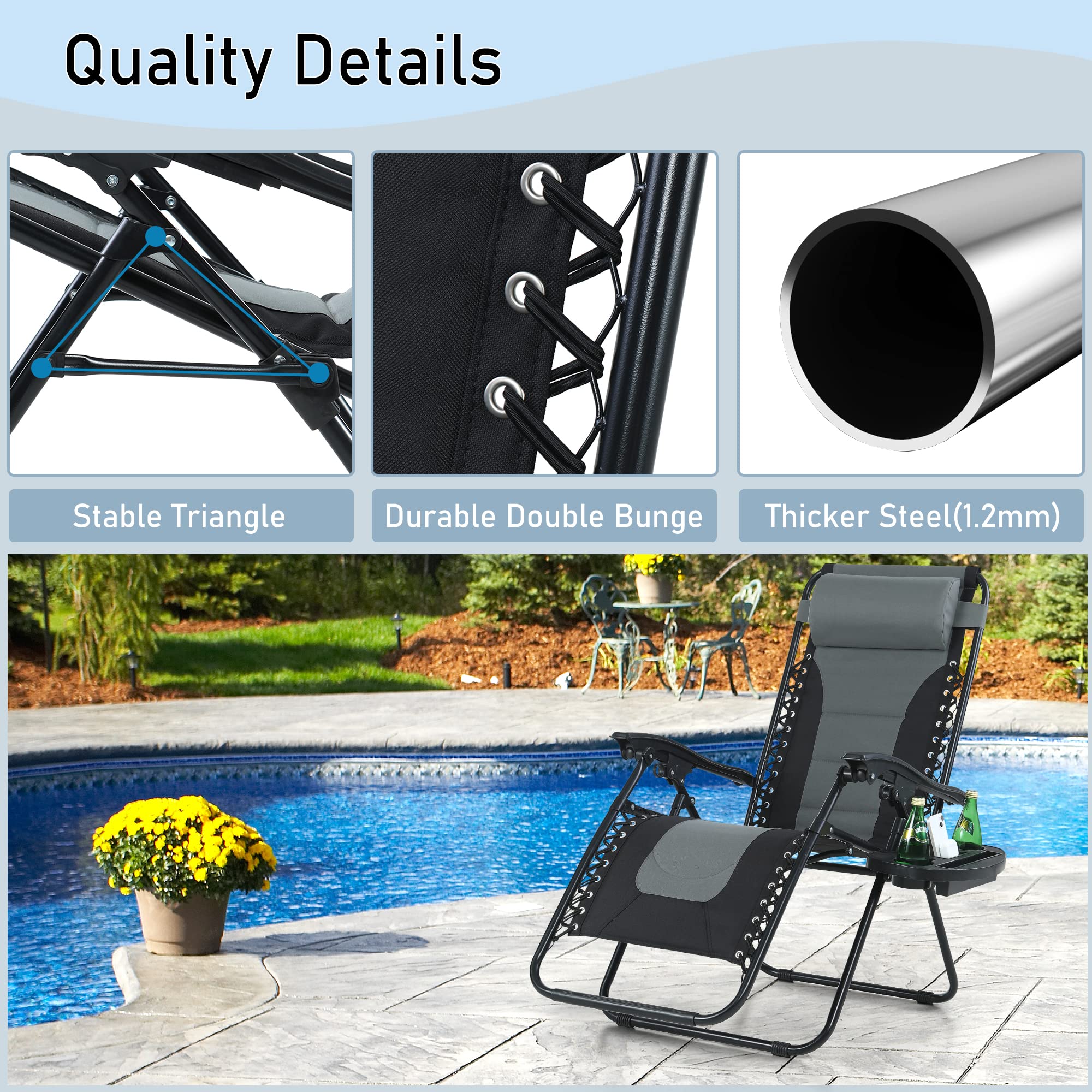 PHI VILLA Set of 2 Oversized Zero Gravity Lounge Chairs - Padded Folding Patio Recliners with Adjustable Headrest & Cup Holder, Supports 350 lbs (Grey) - Perfect for Backyard, Poolside Relaxation & Outdoor Lounging