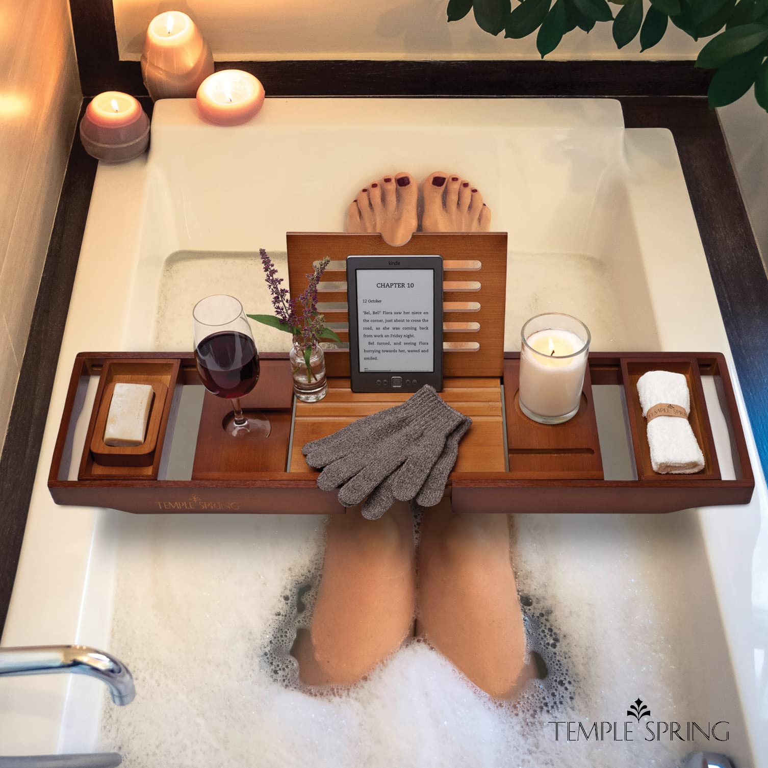 Premium Bamboo Bathtub Tray - Natural Wooden Bath Caddy with Non-Slip Design for Spa Relaxation, Bathroom Essentials & Home Decor - Perfect for Reading, Wine Glass Holder & Bath Accessories Organization (Wood Brown)