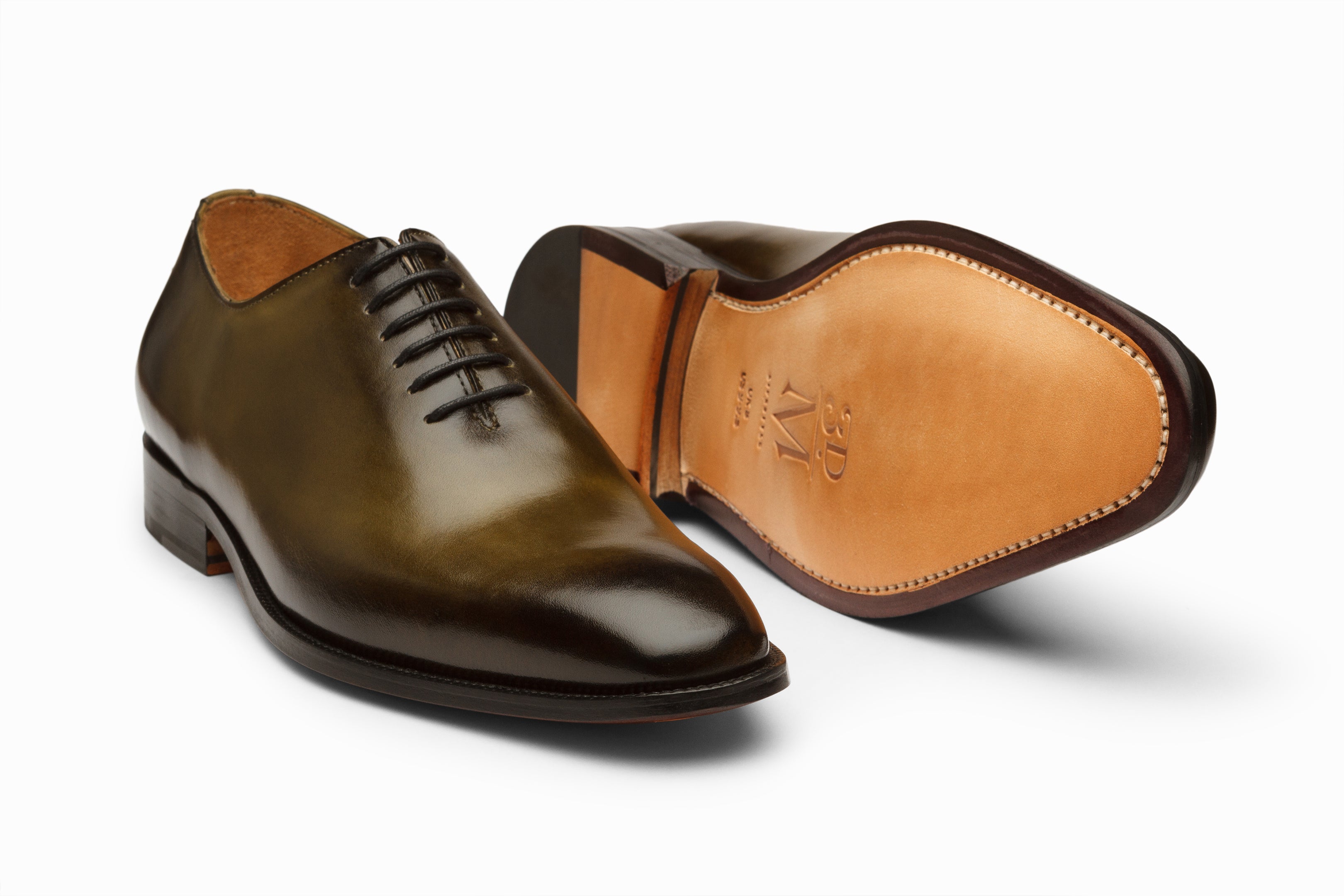Premium Wholecut Oxford Dress Shoes for Men - Olive & Black Patina Finish - Formal Business & Wedding Attire