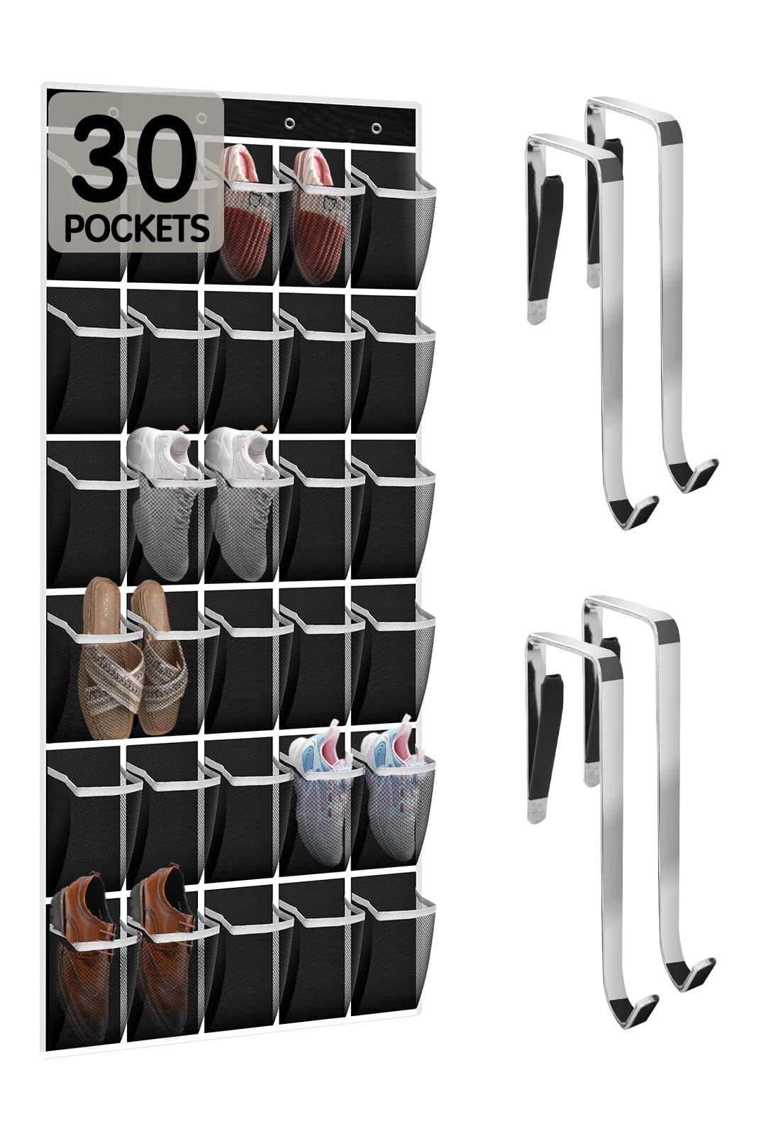 30 Compartment Breathable Mesh Over the Door Hanging Shoe Organizer - Large Storage for Men & Women Shoes - Space Saving Closet Organizer - Perfect for Bedrooms, Dorms & Entryways (Black)