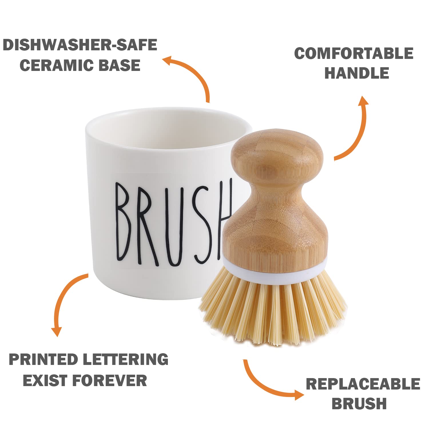 HOMCDALY Bamboo Dish Brush with Ceramic Holder - Eco-Friendly Kitchen Scrub Brush for Washing Dishes - Dishwashing Brush Set with Storage - Perfect for Daily Kitchen Cleaning & Sustainable Home Use (White)