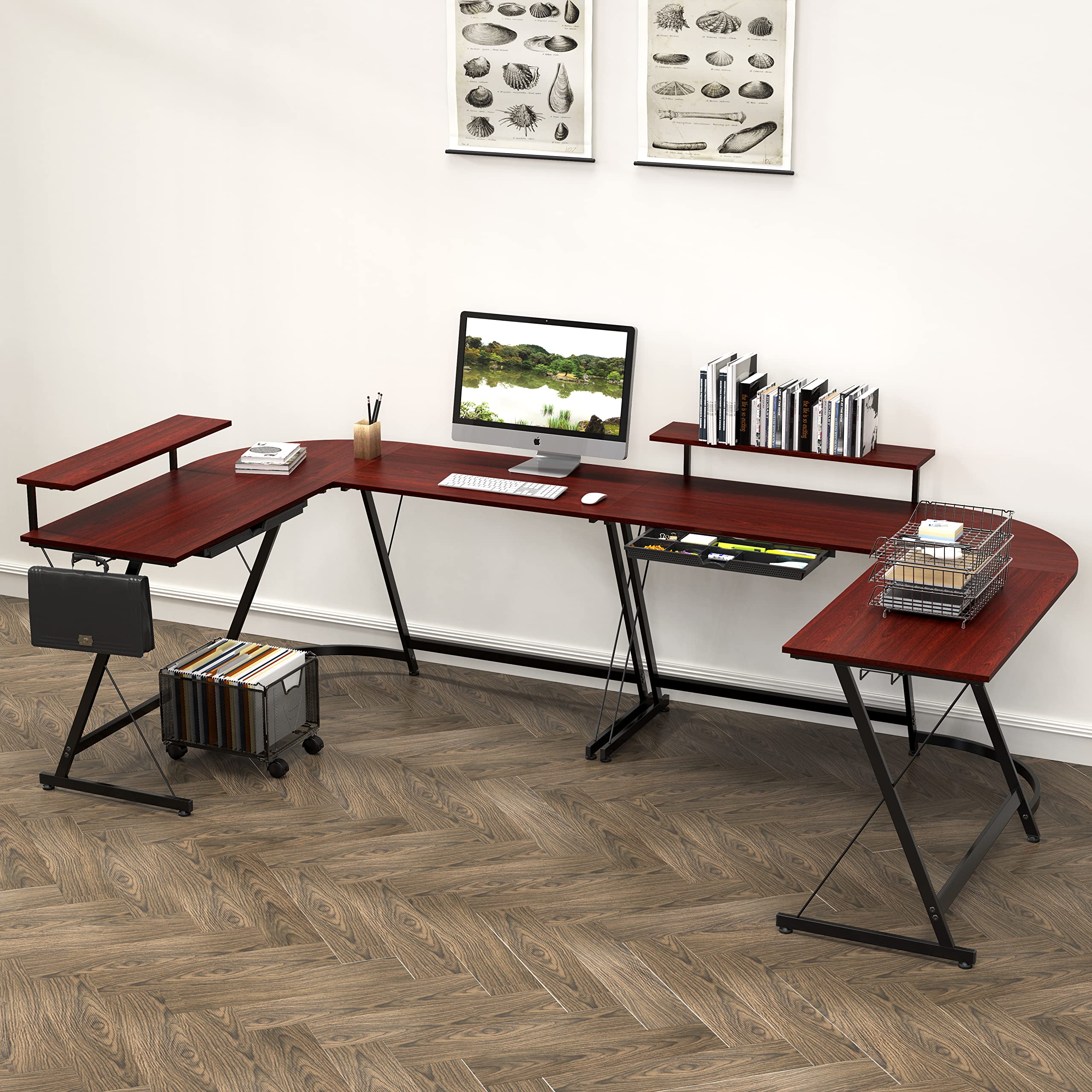 SHW Vista L-Shape Desk with Monitor Stand - Cherry Wood Computer Desk for Home Office, Gaming & Workstation - Ergonomic Corner Desk with Built-in Shelf for PC, Laptop & Dual Monitors