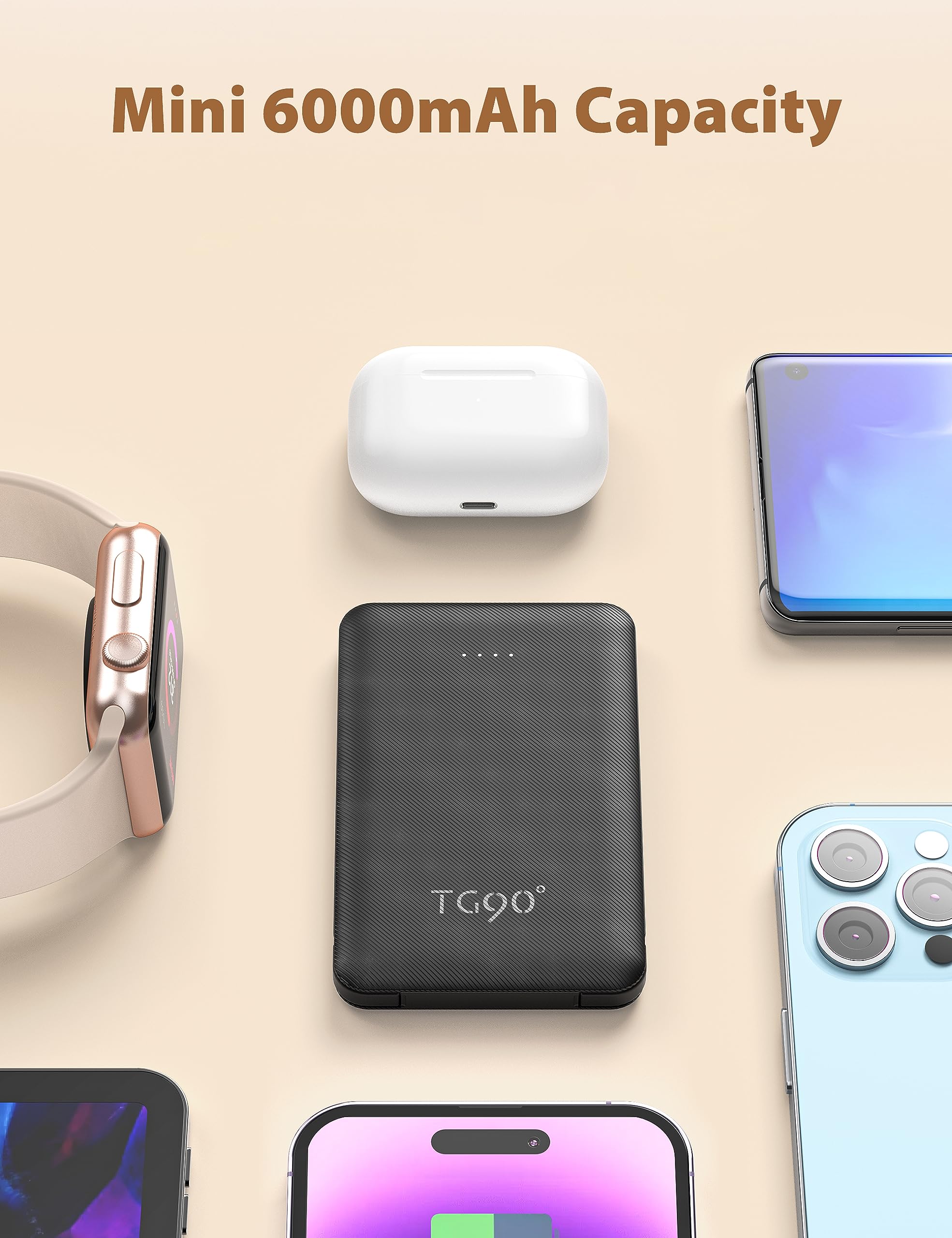 TG90° 6000mAh Ultra Slim Portable Charger - External Battery Pack for iPhone, Samsung, Android Phones - Perfect for Travel, Camping, and Emergency Power Backup