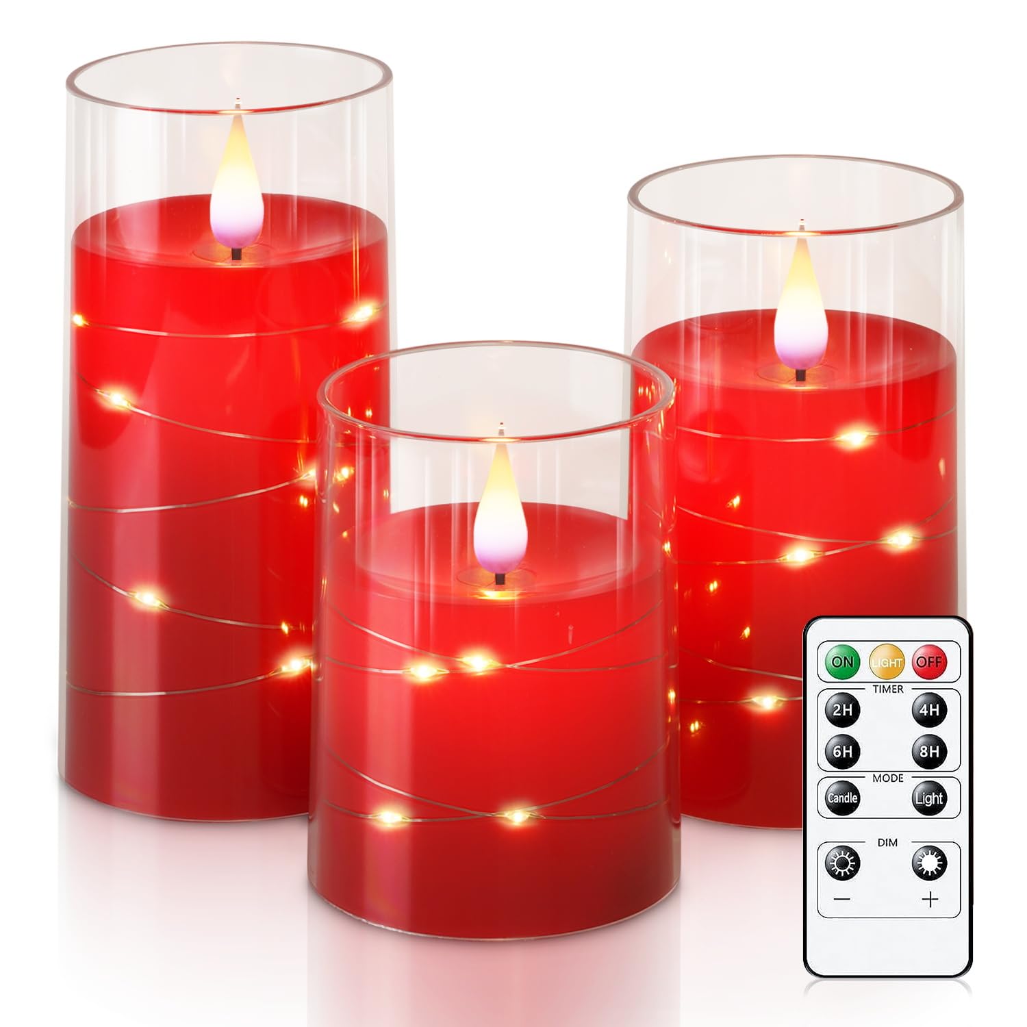 Homemory Flickering Flameless LED Candles with Remote - Set of 3 Battery Operated Candles with Embedded String Lights, Shatterproof Plexiglass Design (Red) - Perfect for Christmas Decor, Wedding Centerpieces & Cozy Home Ambiance