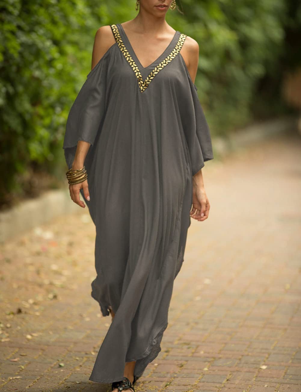 Bsubseach Turkish Cold Shoulder Kaftan Dress - Flowy Maxi Beach Cover Up for Women | Perfect for Swimwear Cover, Pool Party, Vacation & Summer Outfits