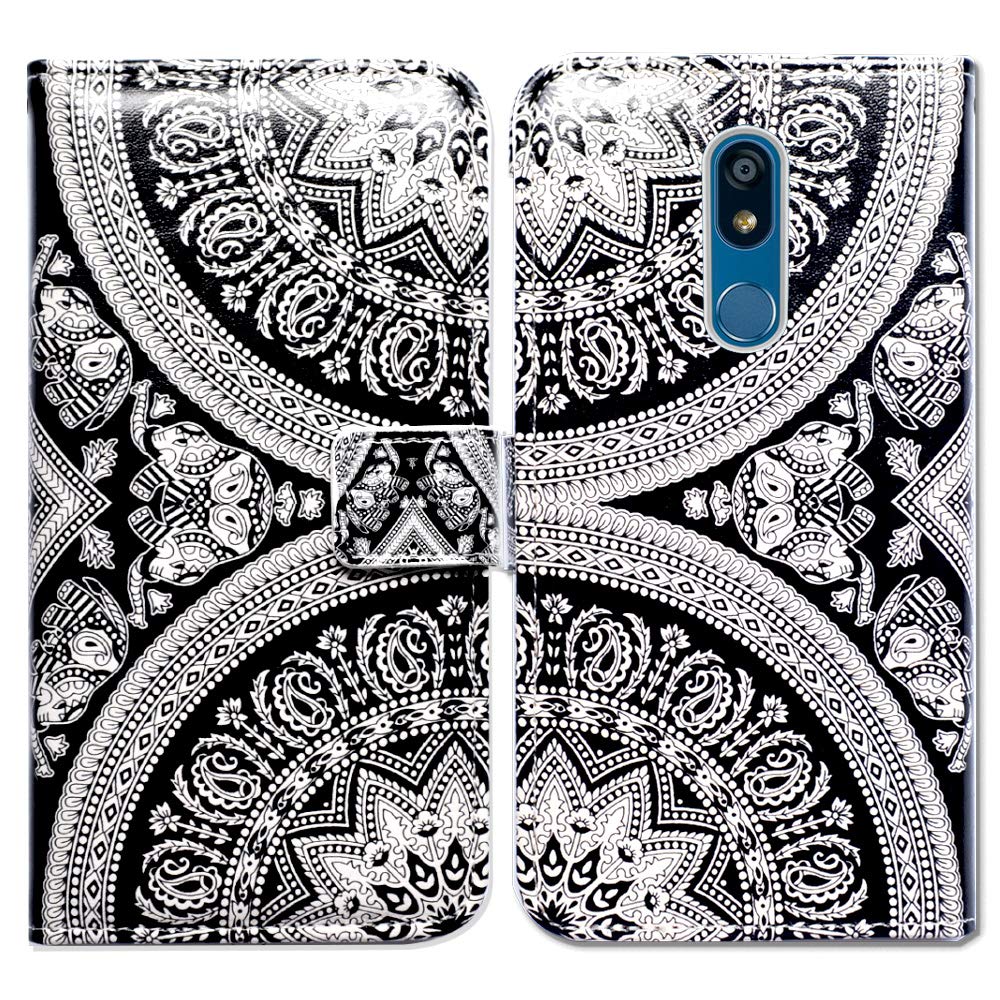 Premium Leather Flip Wallet Case for LG K40/K12 Plus/X4/Solo LTE/Harmony 3/Xpression Plus 2 - White Circular Mandala Design with Card Slots & Kickstand | Perfect for Daily Use, Travel, and Business Meetings