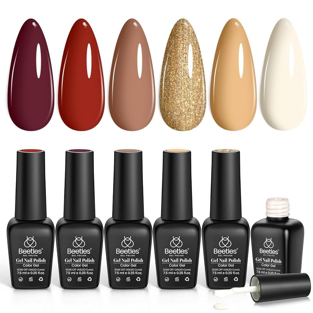 Beetles Fall Gel Nail Polish Set - 6 Colors (Burgundy, Red, Brown, Gold Glitter) Soak Off UV LED Gel Polish Kit for DIY Nail Art | Perfect for Home Manicures, Salon Use & Gift Giving