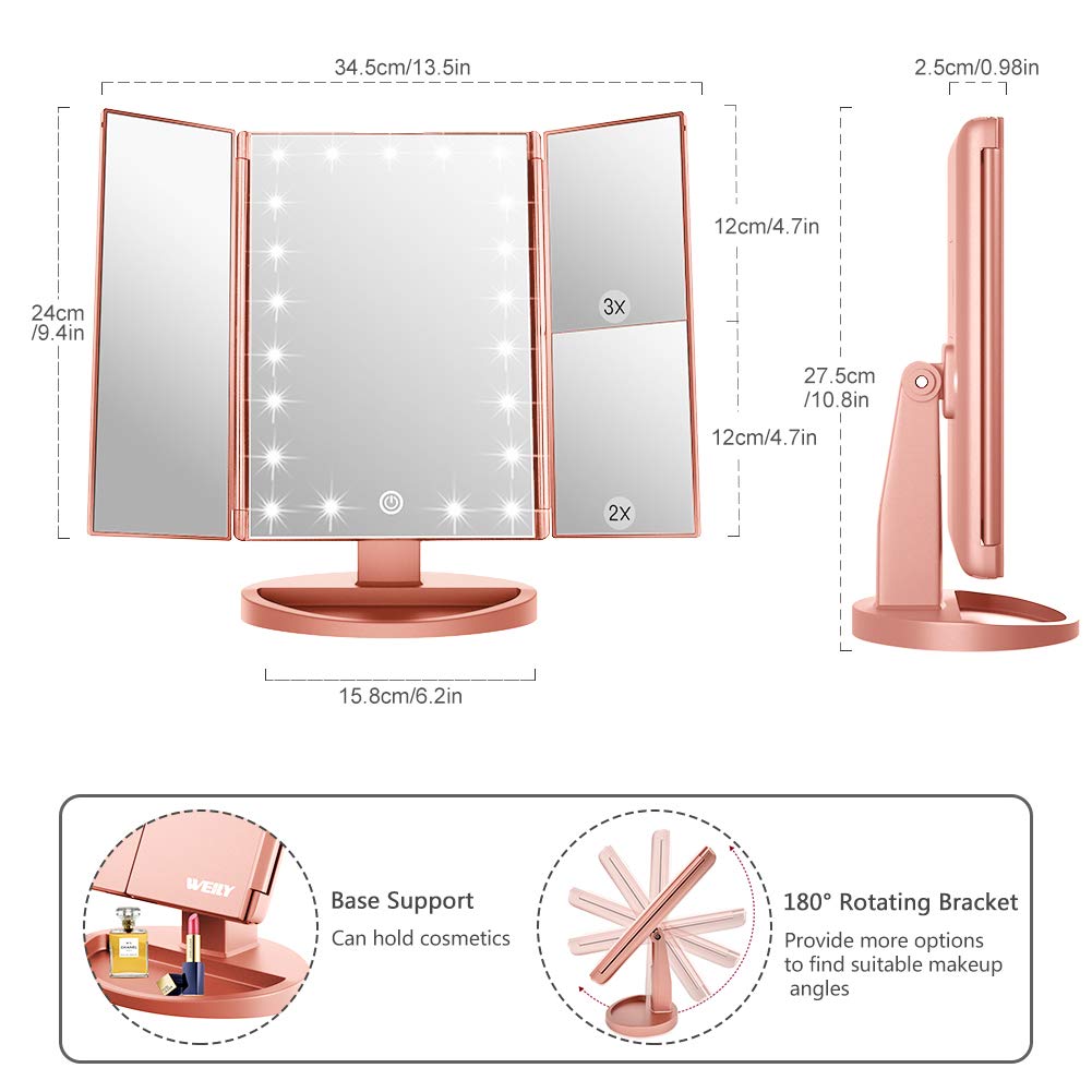 WEILY 21 LED Lighted Makeup Mirror with Touch Screen, 1x/2x/3x Magnification & Dual Power Supply - Tri-Fold Vanity Mirror for Makeup, Skincare, Shaving (Rose Gold) - Perfect for Bedroom, Bathroom & Dressing Table