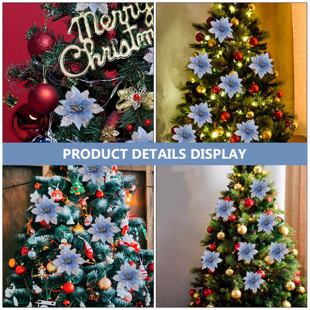 6pcs Blue Poinsettia Artificial Flowers - Christmas Decorative Wreath & Tree Ornaments for Holiday Home Decor, Party, Wedding, and Festive Events
