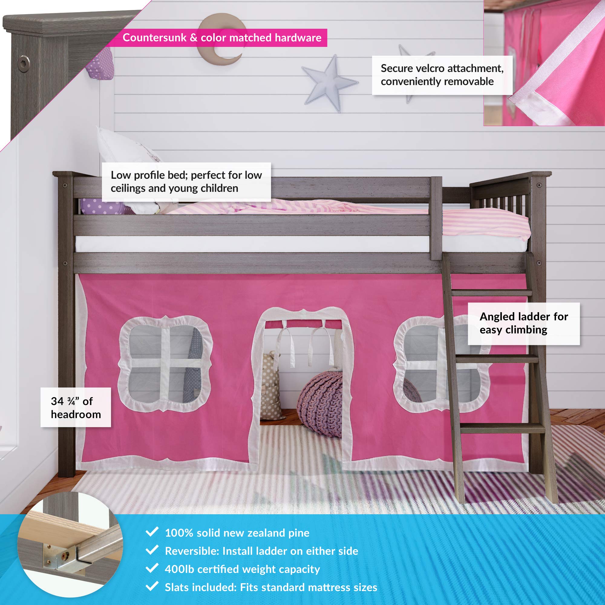 Max & Lily Low Loft Twin Bed Frame for Kids with Play Curtains - Clay & Pink Color - Perfect for Small Bedrooms, Playrooms & Sleepovers