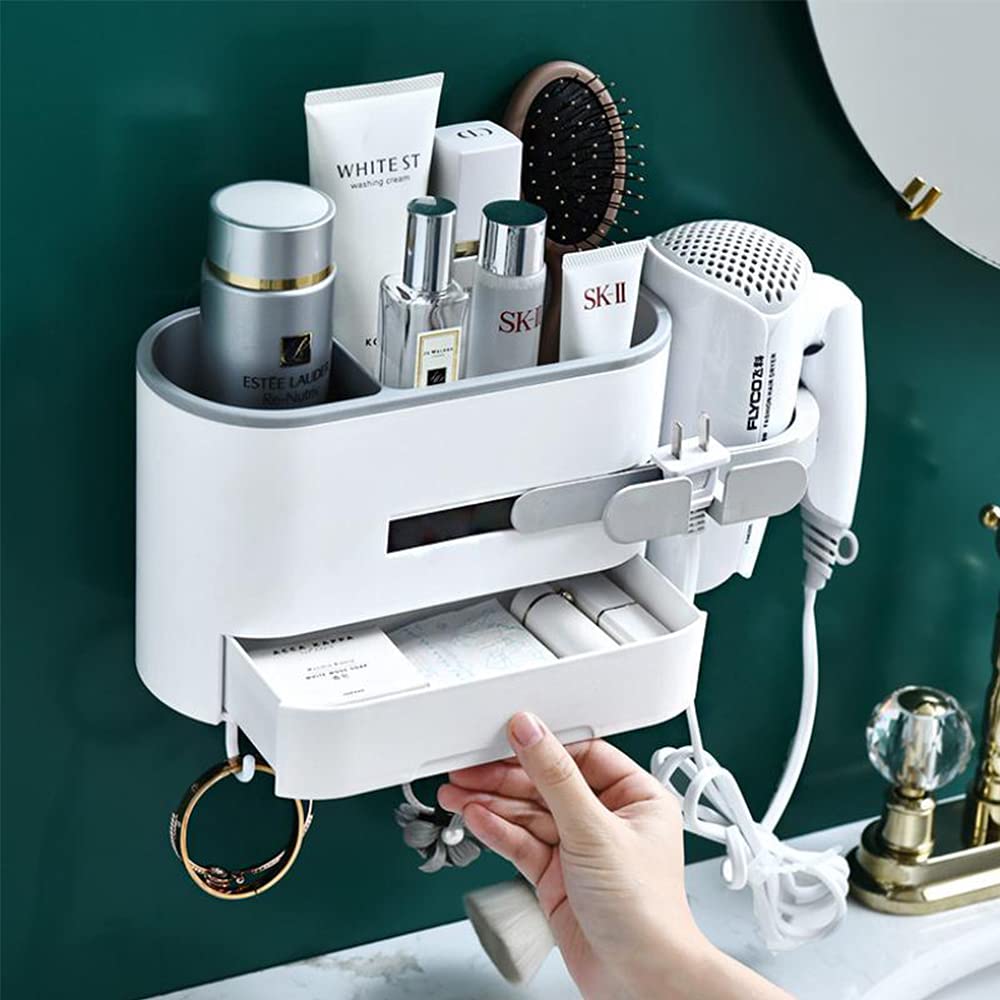 AFULILI Wall Mounted Bathroom Organizer - No Drill Bathroom Storage Shelf with Hair Dryer Holder & 4 Hooks for Towels, Perfect for Bathroom, Shower, Toilet & Kitchen (Grey) - Space Saving Solution for Small Bathrooms & Apartments