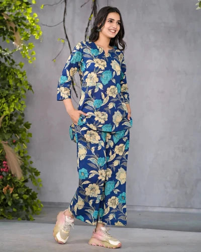 Serene Floral Blue Cotton Co-Ord Set for Women | UK Next Day Delivery | Perfect for Summer Outfits, Beach Vacations & Casual Wear