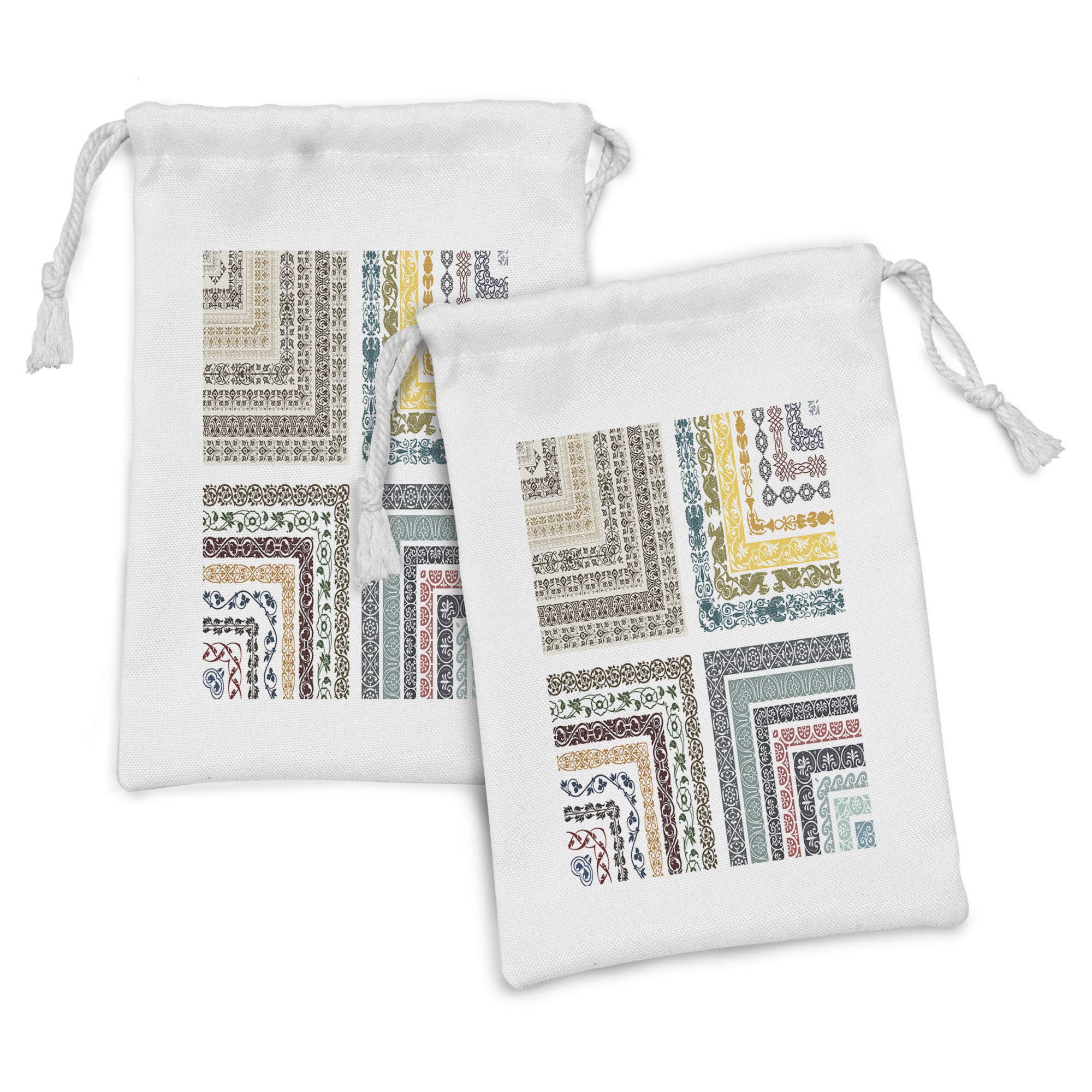 Ambesonne Antique Fabric Pouch Set of 2 - Royal Eastern Ornate Swirling Lines Mosaic Design - Small Drawstring Bag for Toiletries, Masks, Jewelry & Party Favors - 9