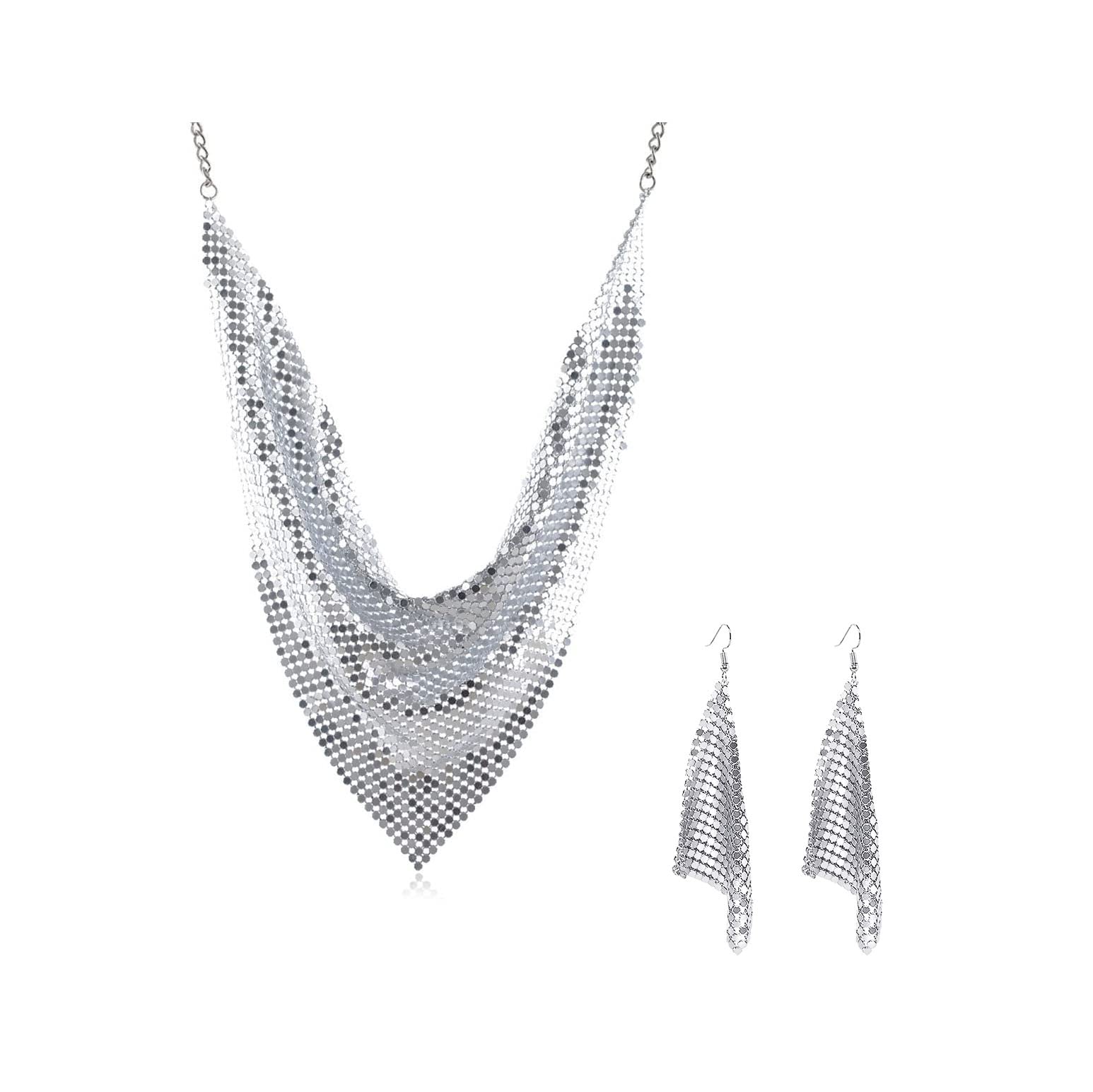 Vintage 70s Disco Style Bling Mesh Bib Choker Necklace & Dangle Earrings Set for Women - Glitter Sequin Fringe Statement Jewelry Gift for Parties, Prom, Halloween & Cosplay