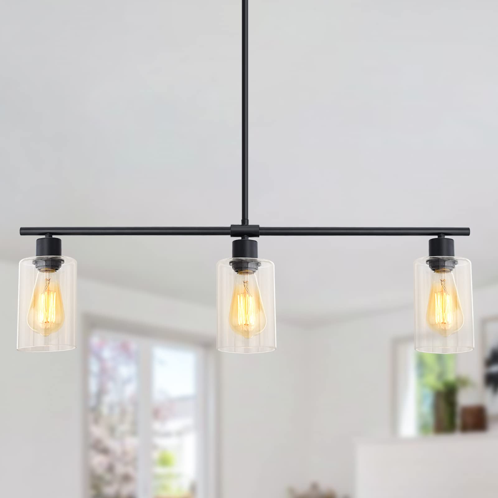 Modern Black Linear Chandelier Pendant Light - 3-Light Kitchen Island Lighting with Glass Shades, Hanging Fixture for Foyer, Bar, Living Room, Dining Room & Bedroom | Perfect for Contemporary Home Decor and Ambient Lighting