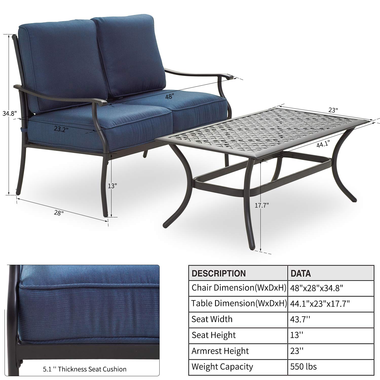 Heavy Duty 2-Person Outdoor Loveseat Set with Cushions & Coffee Table - All-Weather Steel Frame Patio Furniture (Blue, 2-Piece Set) - Perfect for Backyard, Garden, Deck or Poolside Relaxation