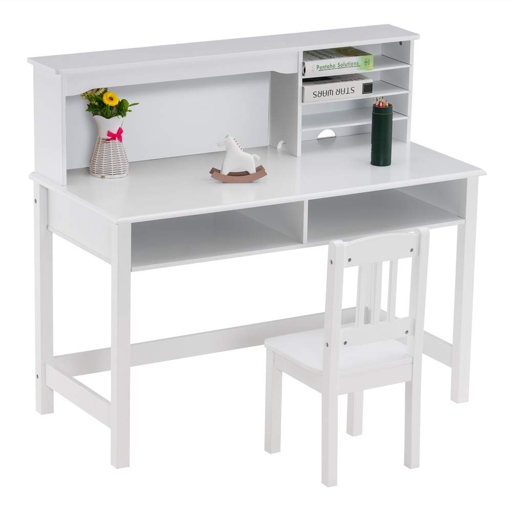 HomVent Kids Desk and Chair Set - Wooden Study Table with Hutch & Storage, White Children's Writing Desk for Bedroom - Perfect for Homework, Drawing & Study (Style 2)