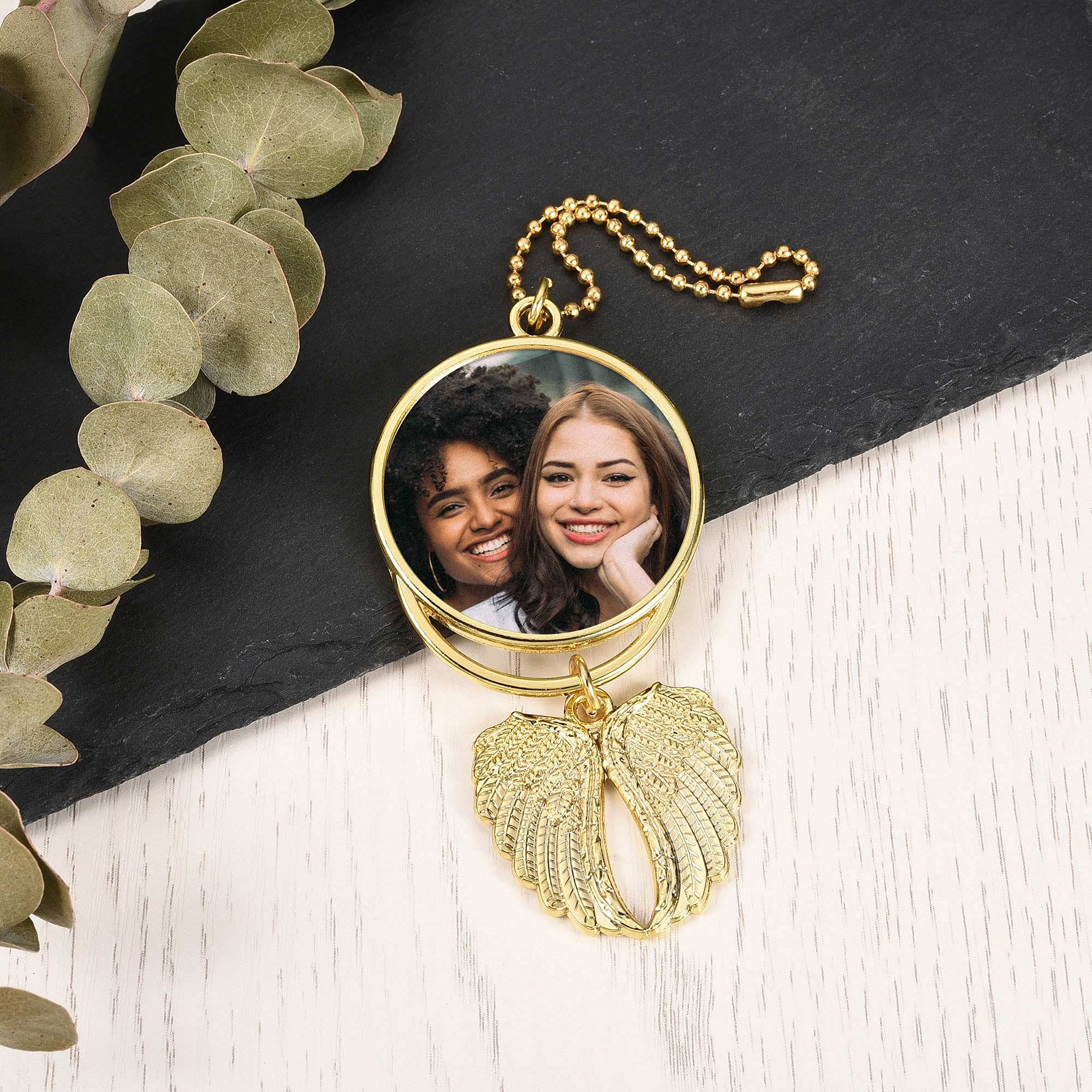 Custom Photo Rearview Mirror Car Charm - Double-Sided Engraved Picture Hanging Ornament with Angel Wings - Personalized Car Accessory Gift for Men & Women - Perfect for Birthdays, Anniversaries & Car Decor