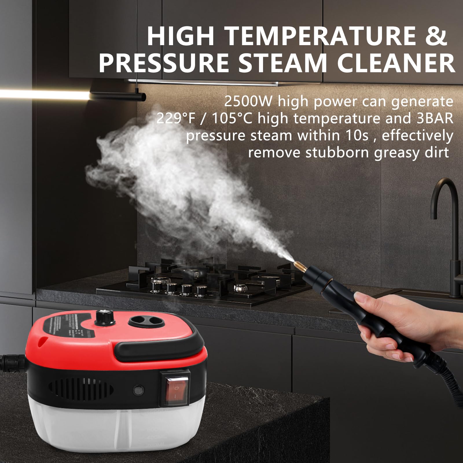 2500W Handheld Steam Cleaner with 3 Brush Heads - Portable Pressurized Steam Cleaner for Home, Car, Kitchen, Bathroom & Furniture - Perfect for Deep Cleaning Floors, Upholstery, Tiles & More - Red