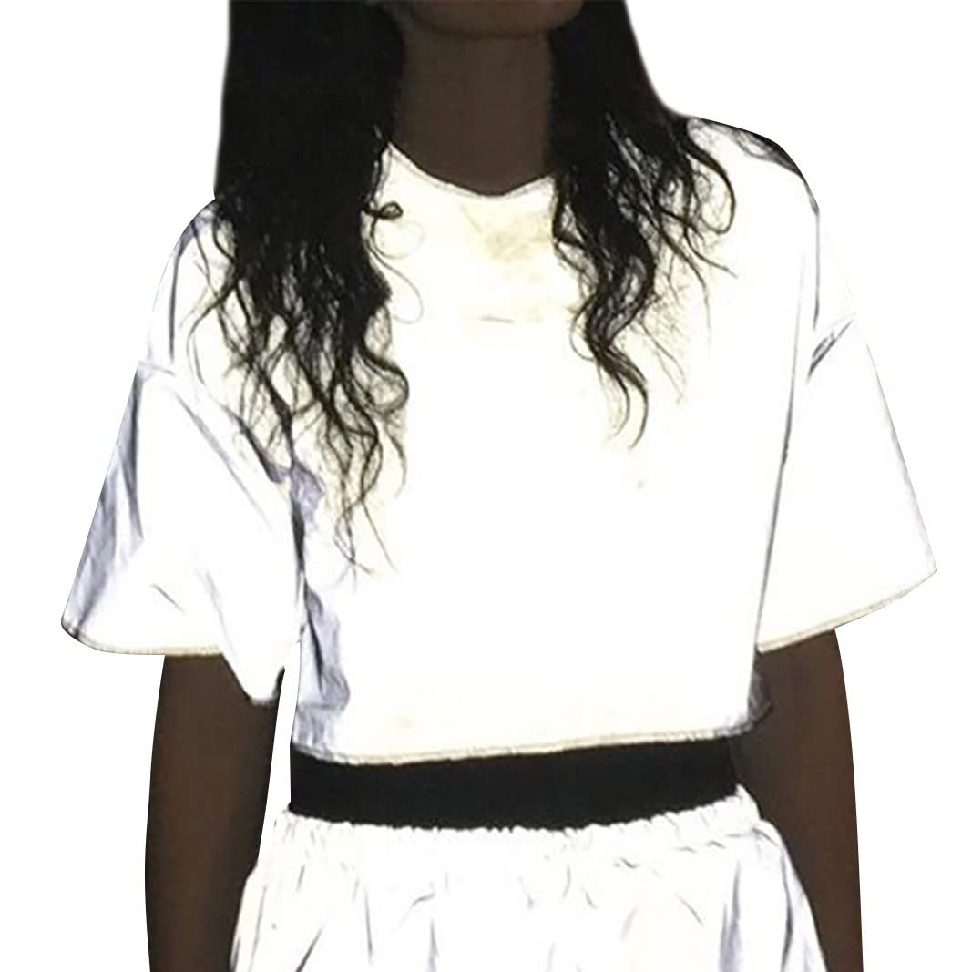 Women's Sexy Reflective Shiny Sports Outfit - Rave Party Festival Night Club Wear | White T-Shirt & Bottoms Set for Dance, Running & Nighttime Activities