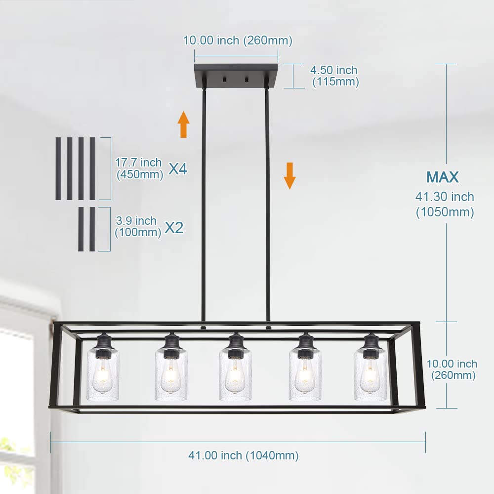 5-Lights Modern Linear Chandelier - Black Industrial Kitchen Island Lighting with Seeded Glass for Dining Room, Farmhouse Ceiling Pendant Lights Over Table | Perfect for Kitchen Islands, Dining Areas, and Open Concept Spaces