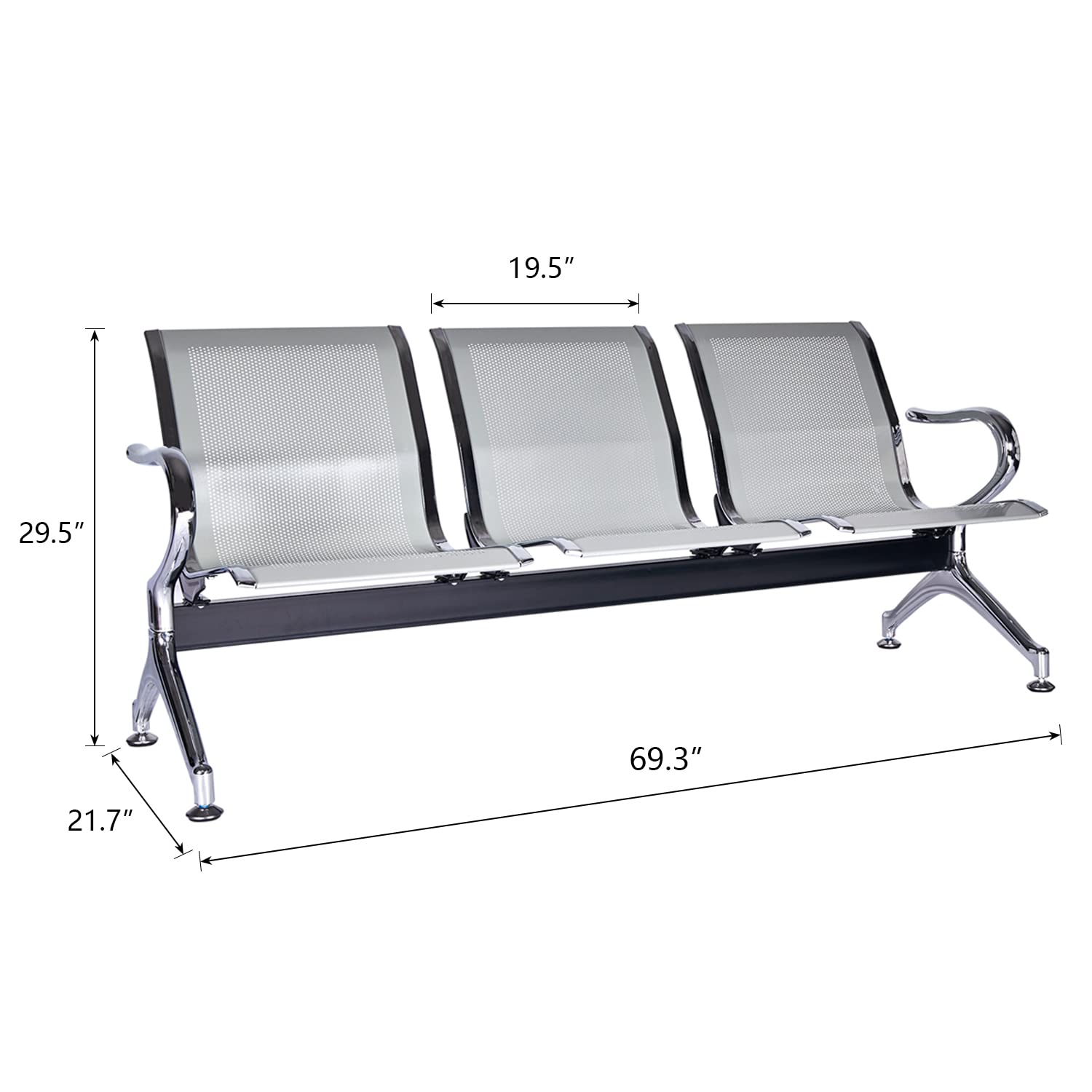 Kinfant 3-Seat Waiting Room Bench - Silver Mesh Reception Chairs for Airport, Hospital, Bank, Salon, Barber Shop | Comfortable Guest Seating for Lobby, Conference Room & Public Spaces