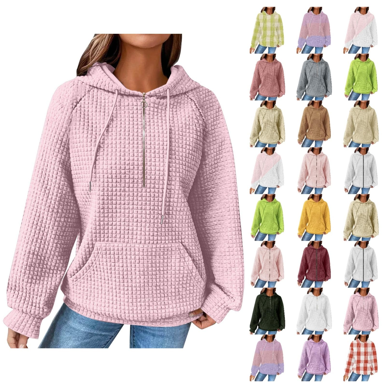 2024 Women's Fashion Waffle Knit Hoodie with Drawstring - Casual Loose Fit Pullover Sweatshirt for Fall | Perfect for Outdoor Activities, Lounge Wear & Everyday Comfort